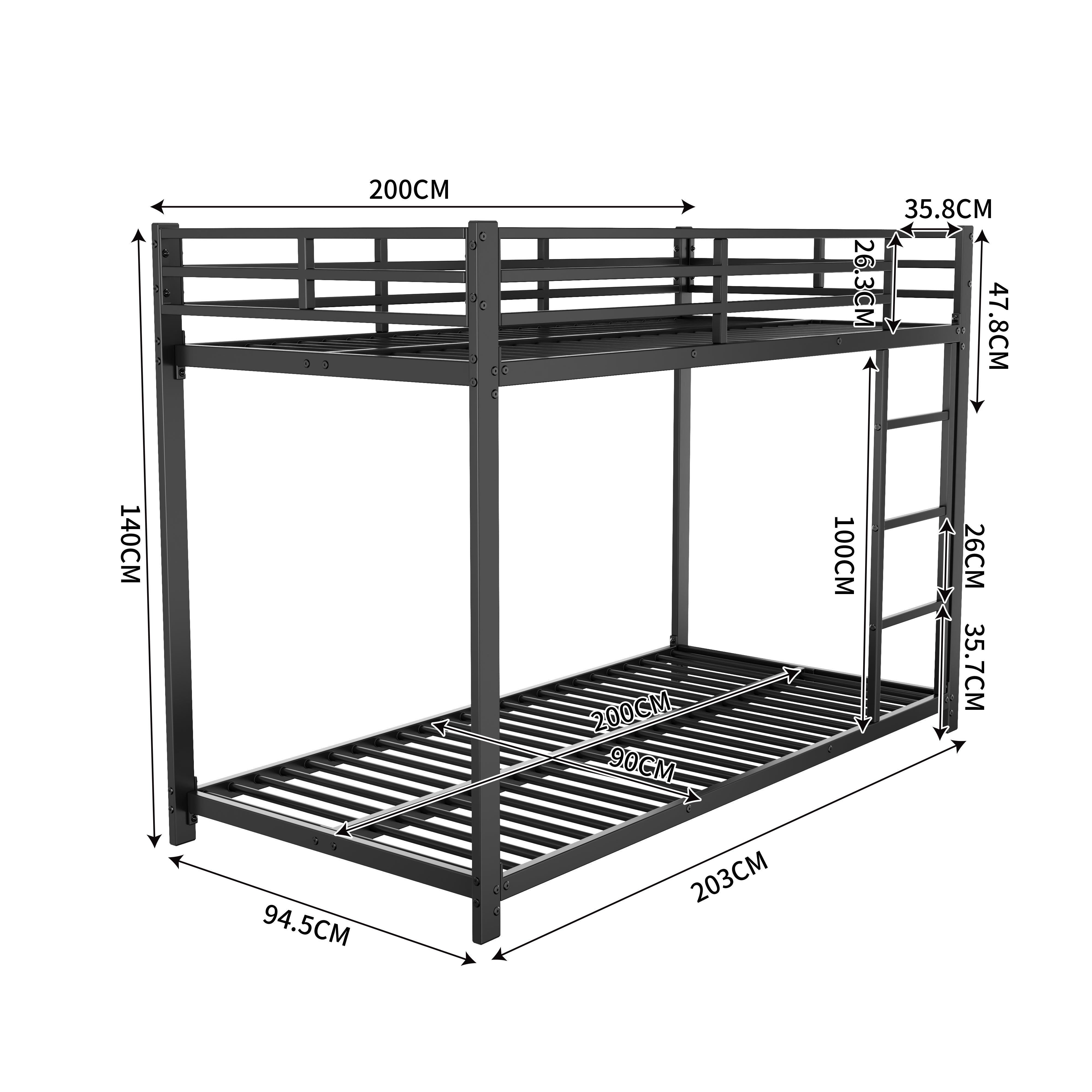 Bunk Bed 90x200 Classic Iron Frame - Black