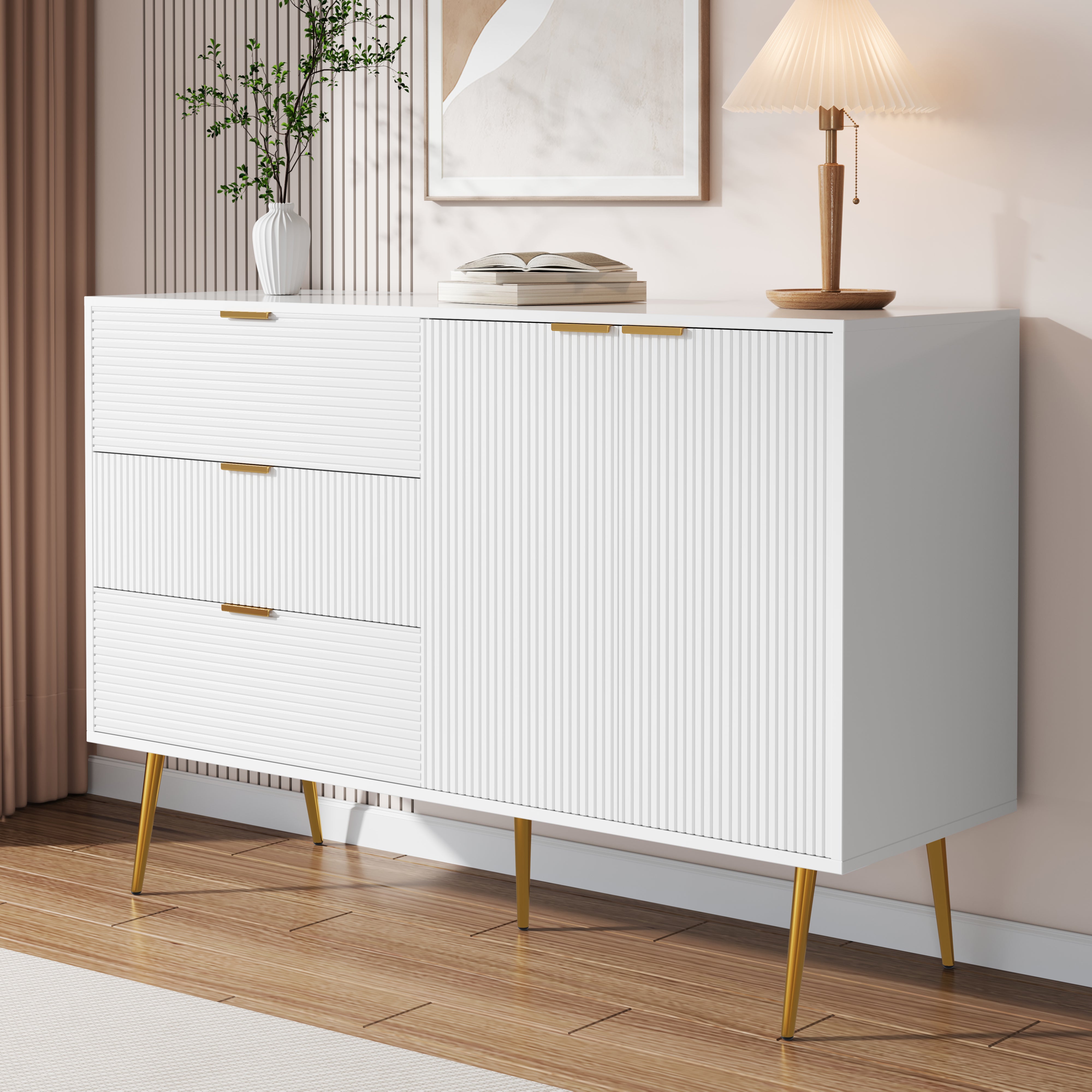 Sideboard, Living Room Cabinet with Doors & Drawers, Interior Shelves, Golden Handles & Legs