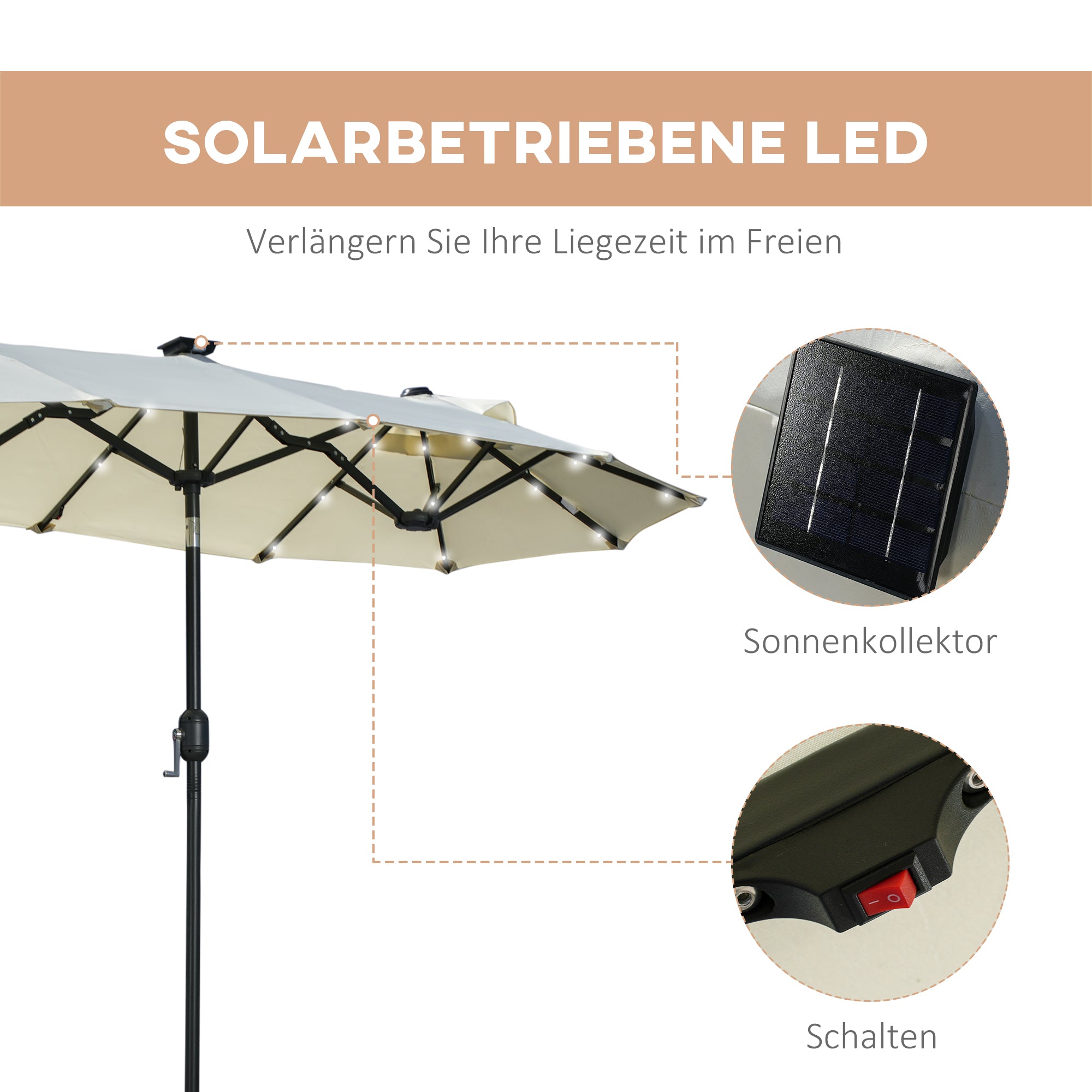 Double Parasol 295x219cm LED Adjustable Tilt Garden Umbrella, Polyester & Steel, Beige