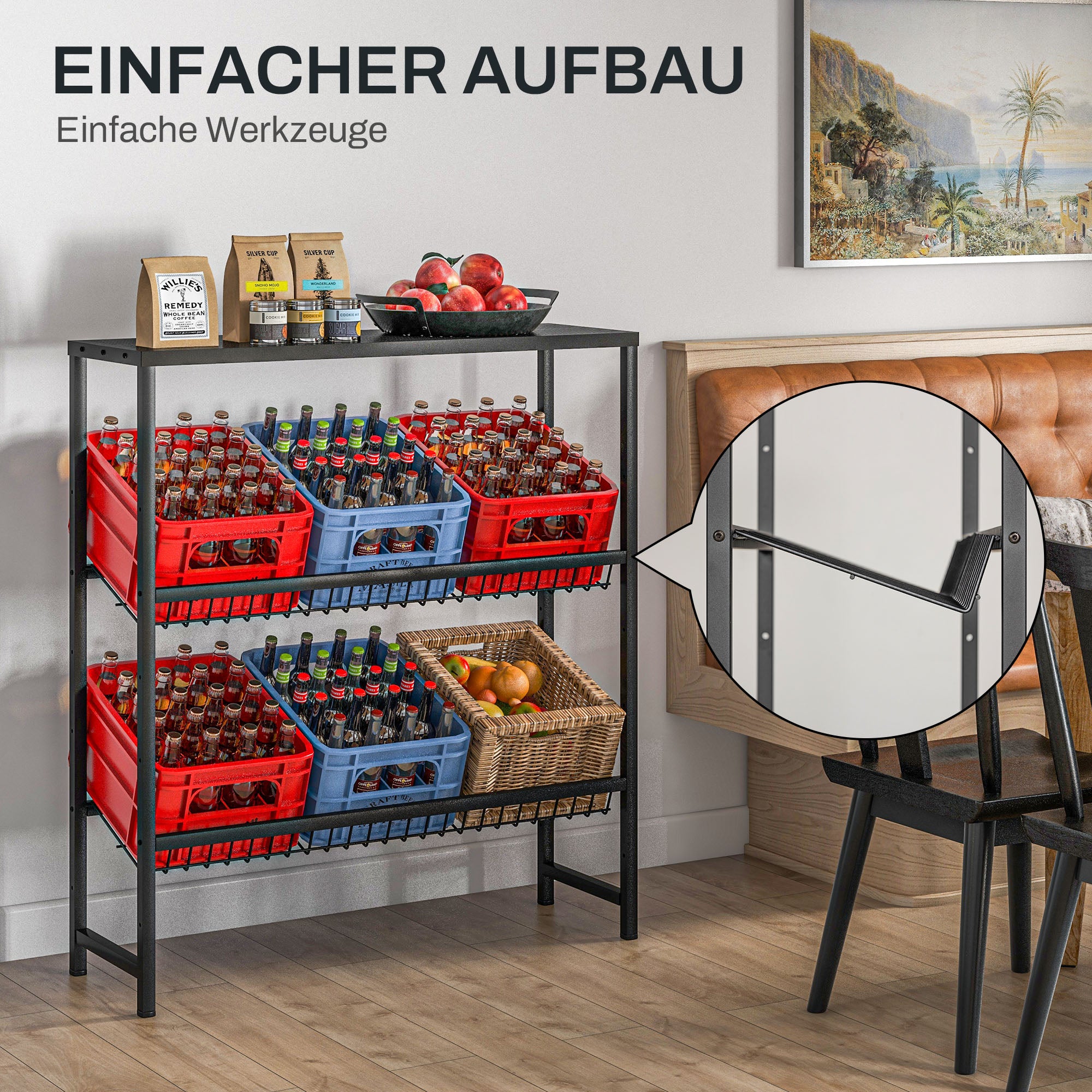 Freestanding beverage crate rack 6 crates adjustable shelf height 3 levels non-slip black steel