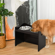 Dog Bowl Feeding Station, Height-Adjustable, Stainless Steel, Dark Brown MDF
