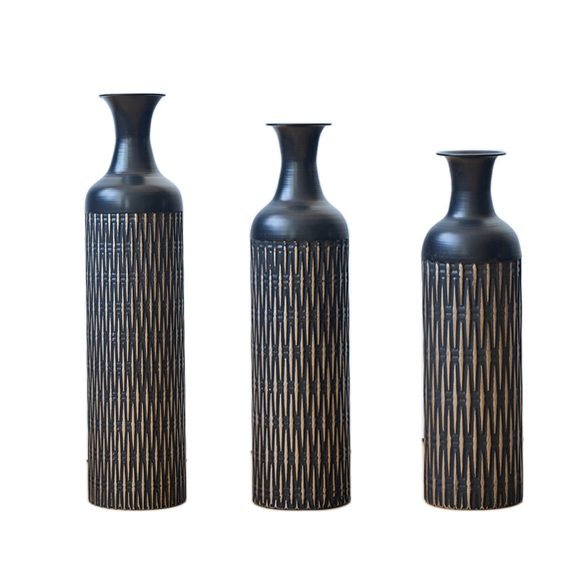 Black Floor Vase Set, 83/65/50cm High 3-Piece Retro Decorative, Metal
