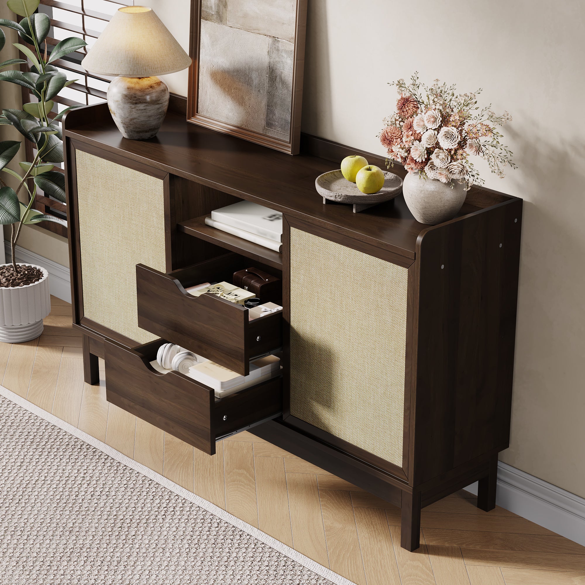 Sideboard Sliding Doors Double Drawers Multifunctional Storage