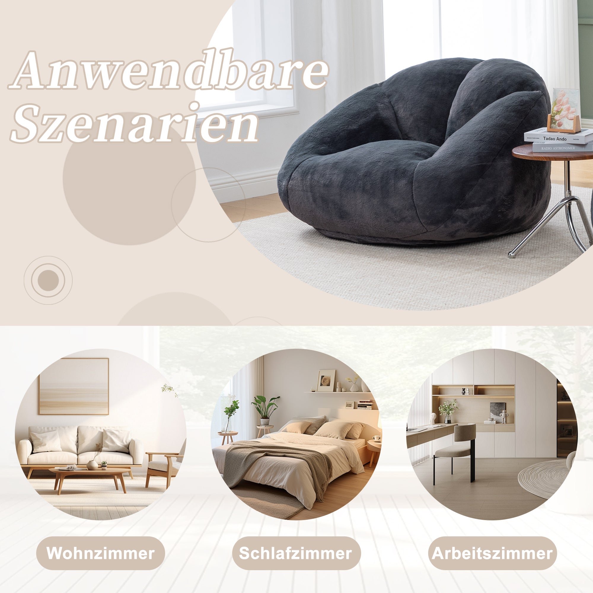 Soft Plush Beanbag Sofa with Non-Slip Base and Memory Foam, Faux Rabbit Fur