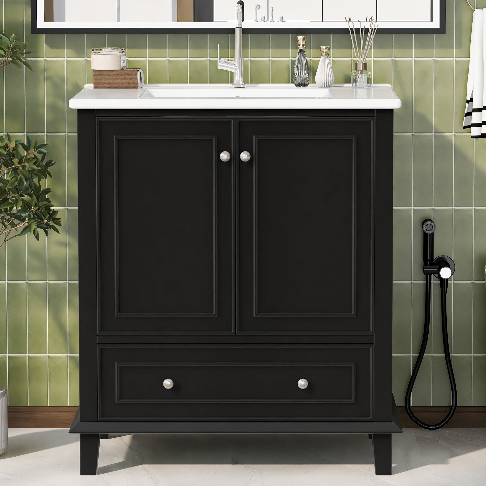 Bathroom Vanity Unit with Ceramic Sink and Solid Wood Legs, White and Black