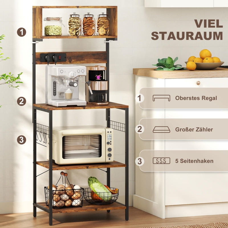 Freestanding Kitchen Shelf 5 Shelves 5 Hooks Power Outlet - Rustic Brown