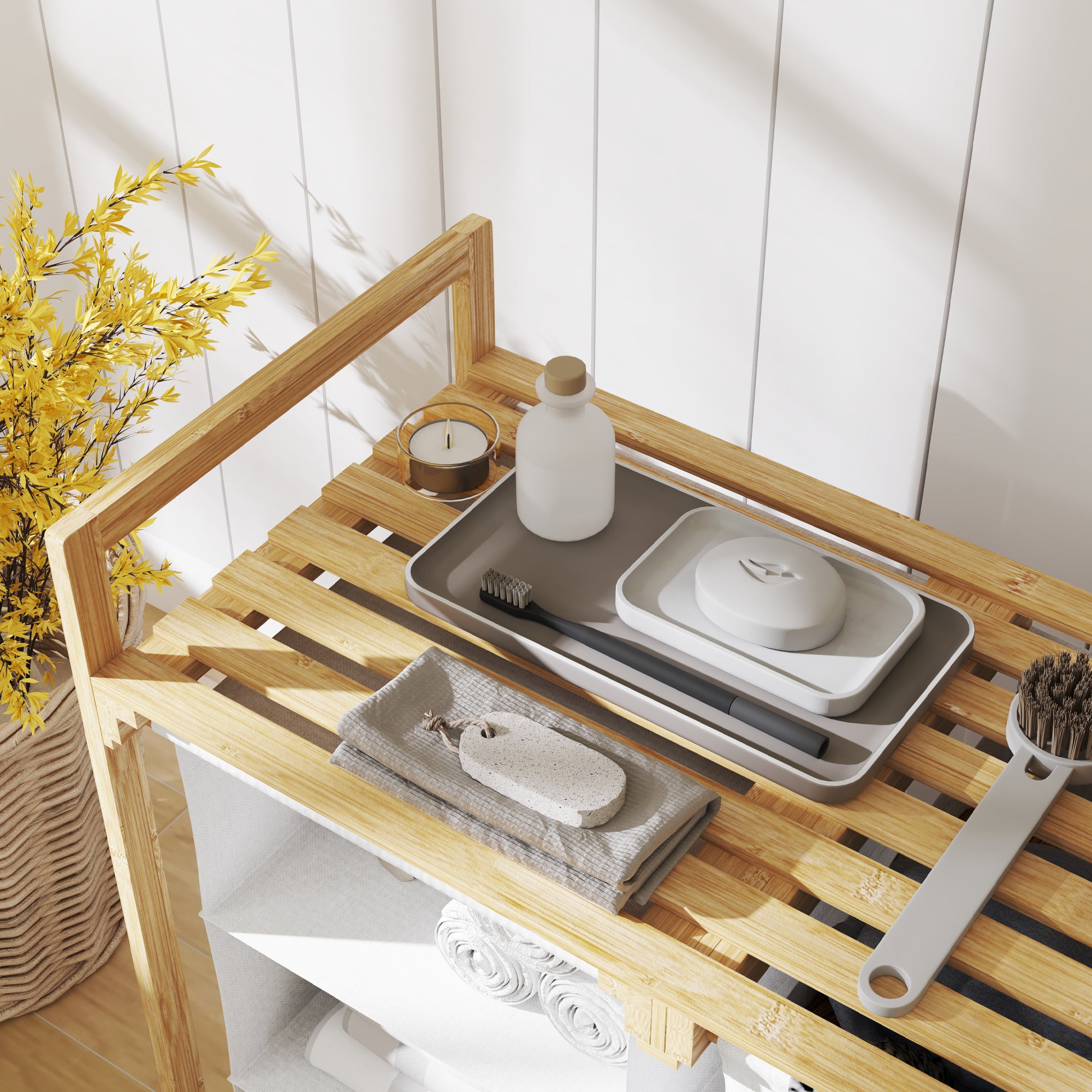 Laundry Basket 4 Compartments, Extendable Bags, 83L, Bamboo White