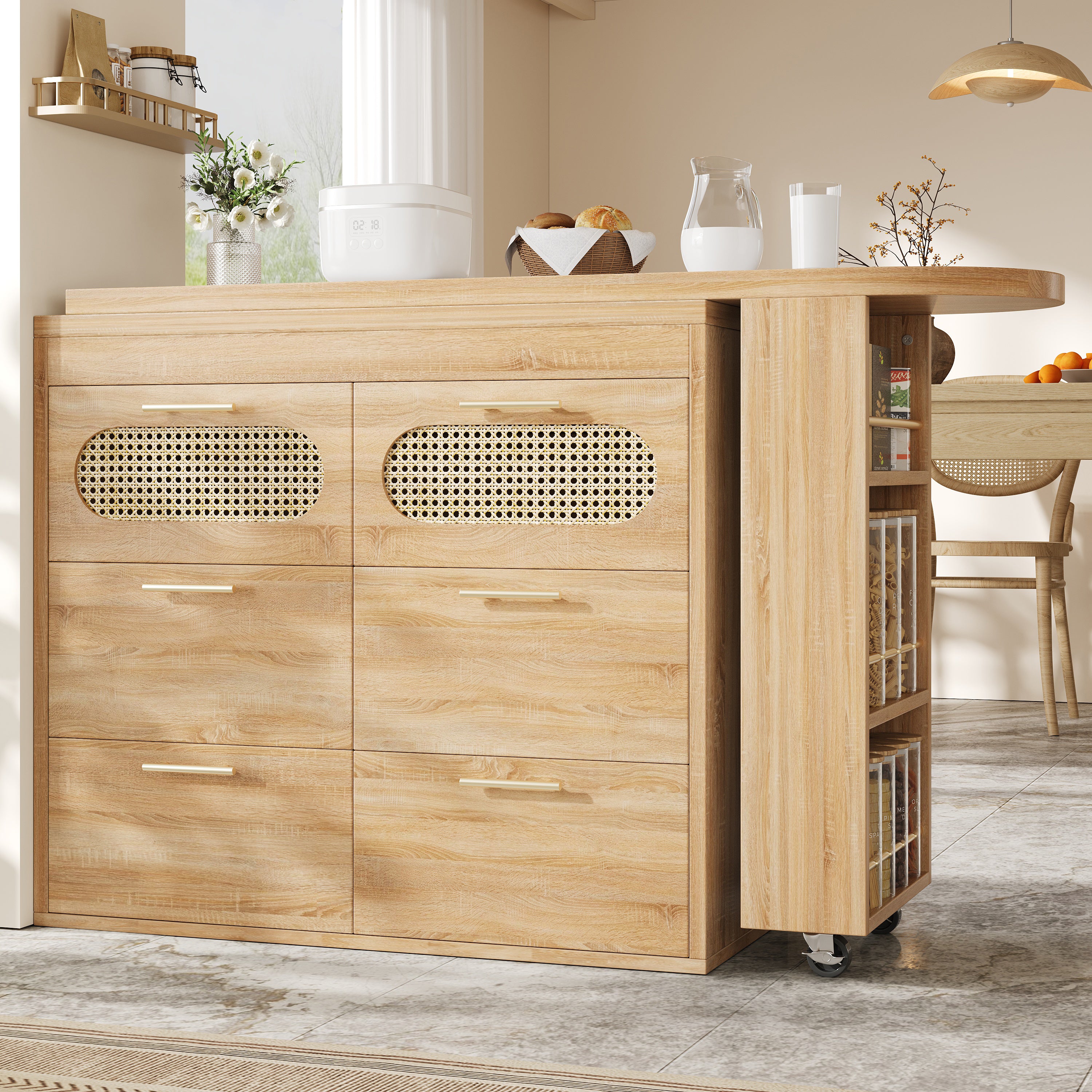 360° Rotating Bar Table with 6 Drawers and Anti-Tip Device, PE Rattan and Metal