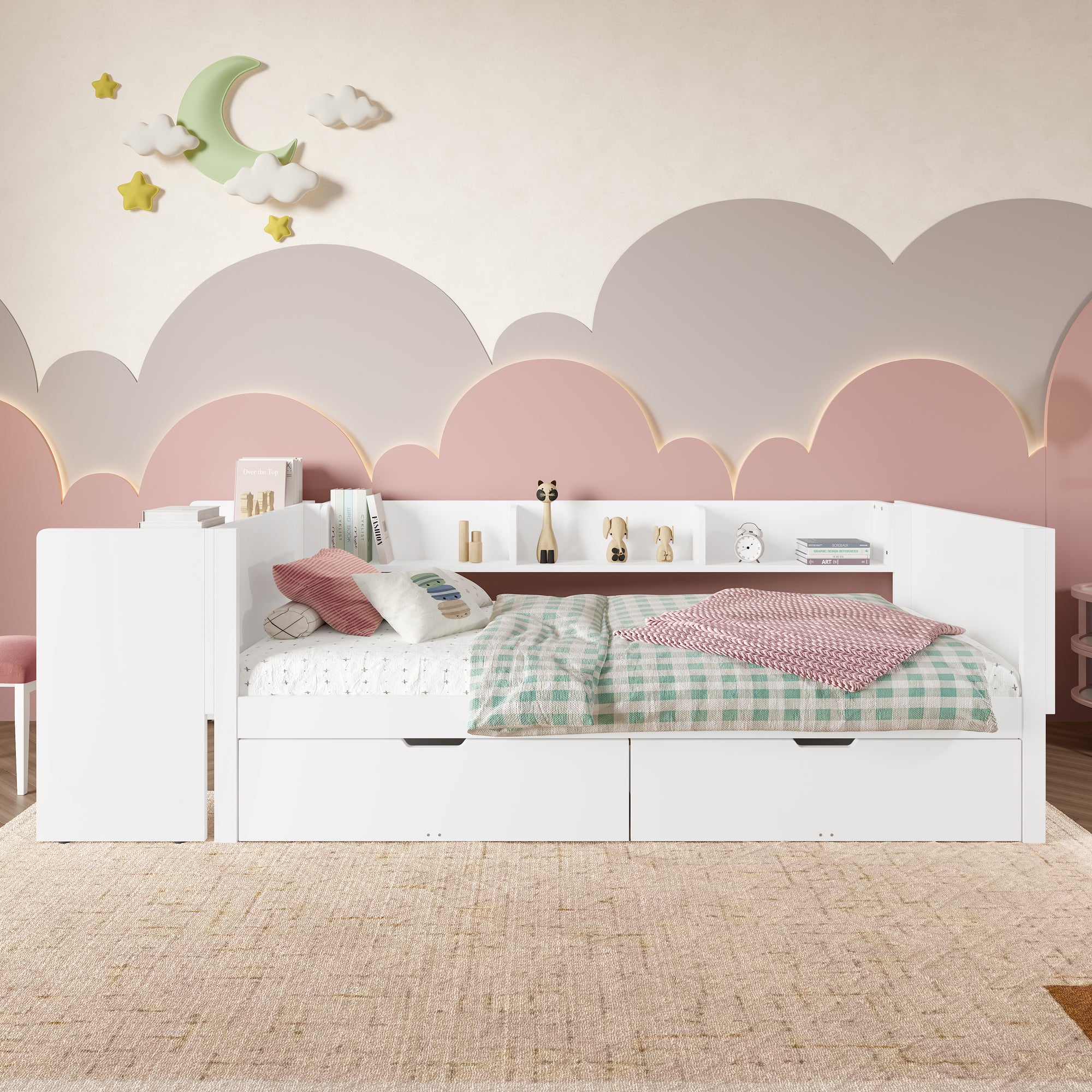 Single Bed 90x200cm Desk 2 Drawers Shelves - White Wood