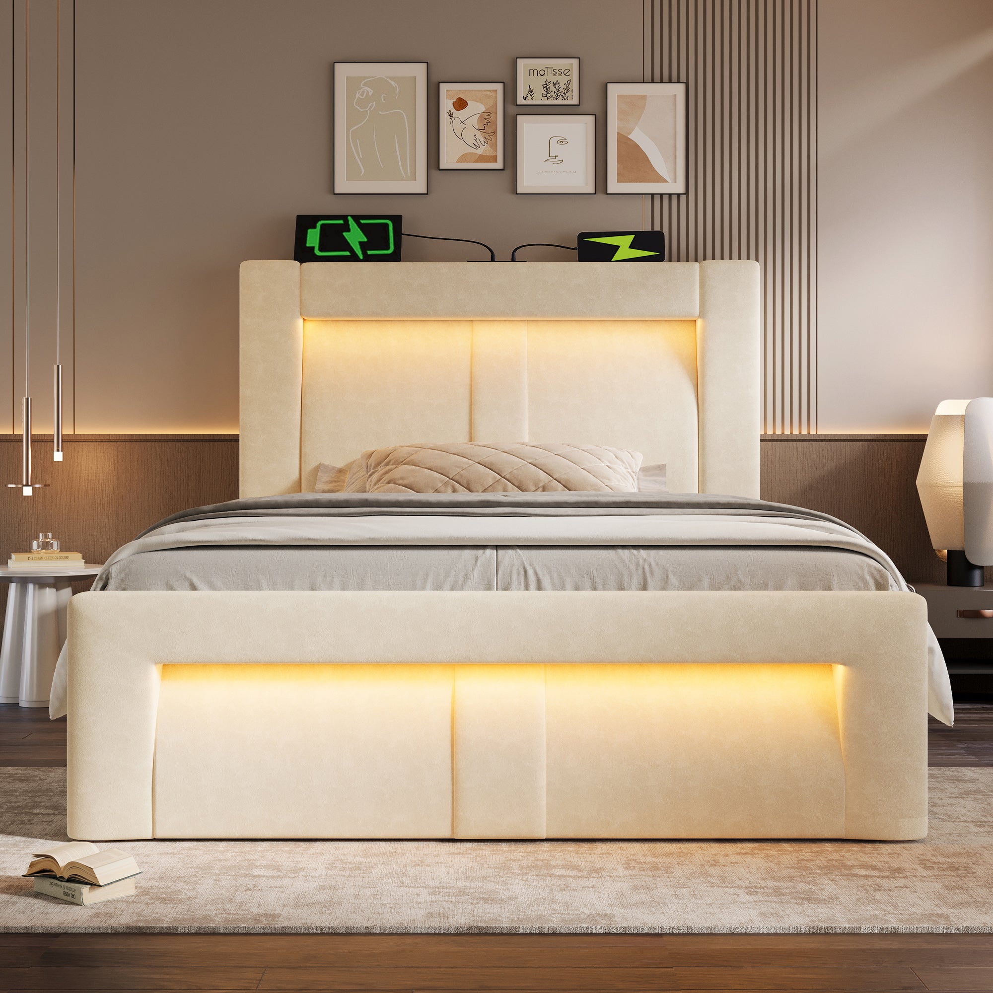 Single Bed with Hydraulic Storage, LED Lighting and Charging Ports, Beige Velvet