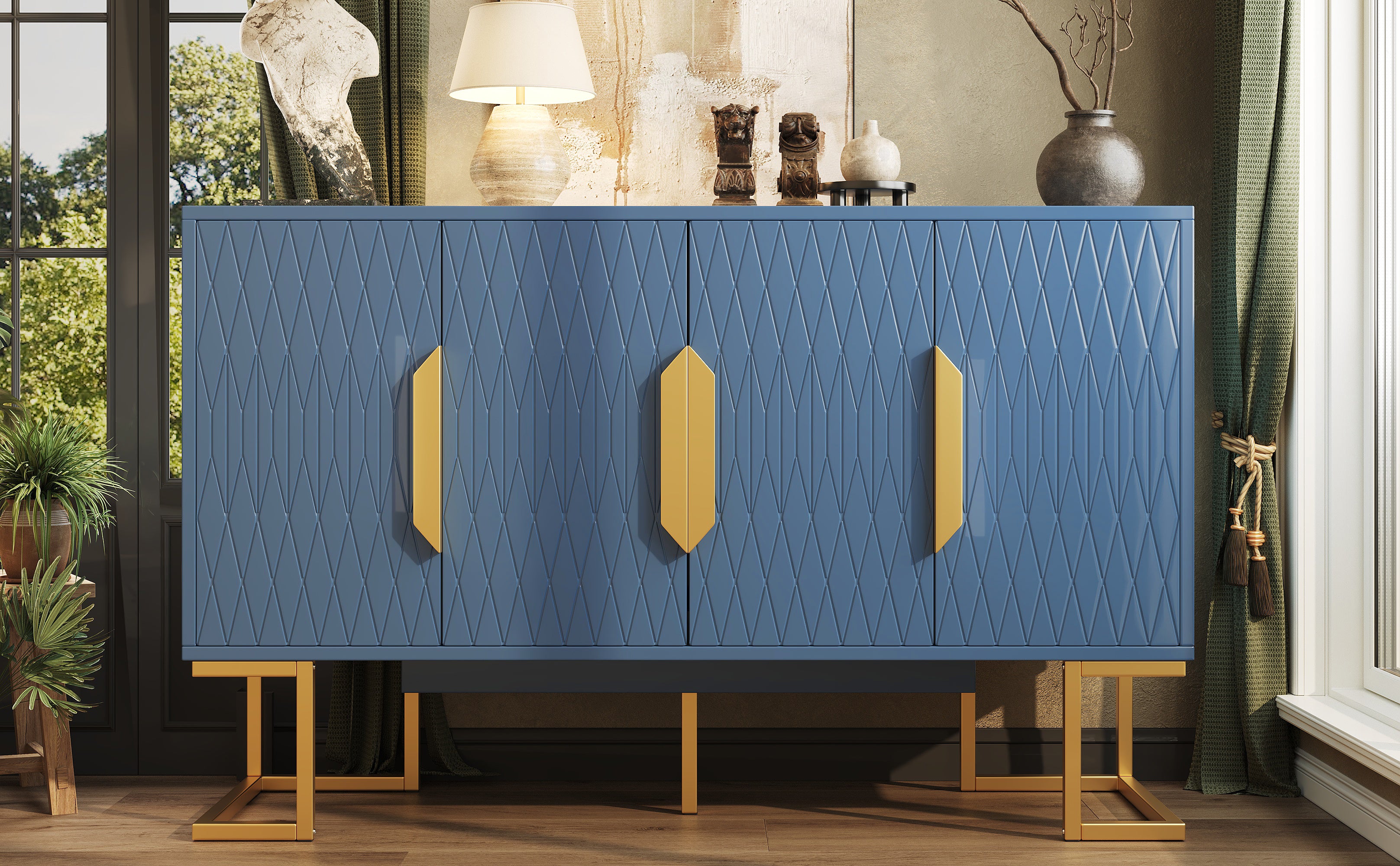 Modern Side Cabinet 140x80cm 4 Doors Adjustable Shelves - Blue/Black