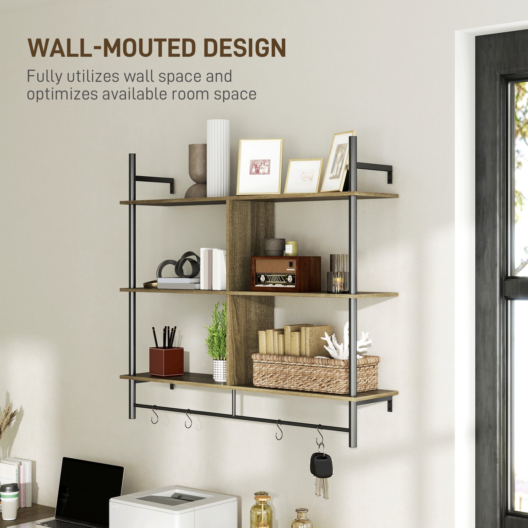 Three-Tier Floating Shelf Wall Display Storage Unit Grey Wood Effect
