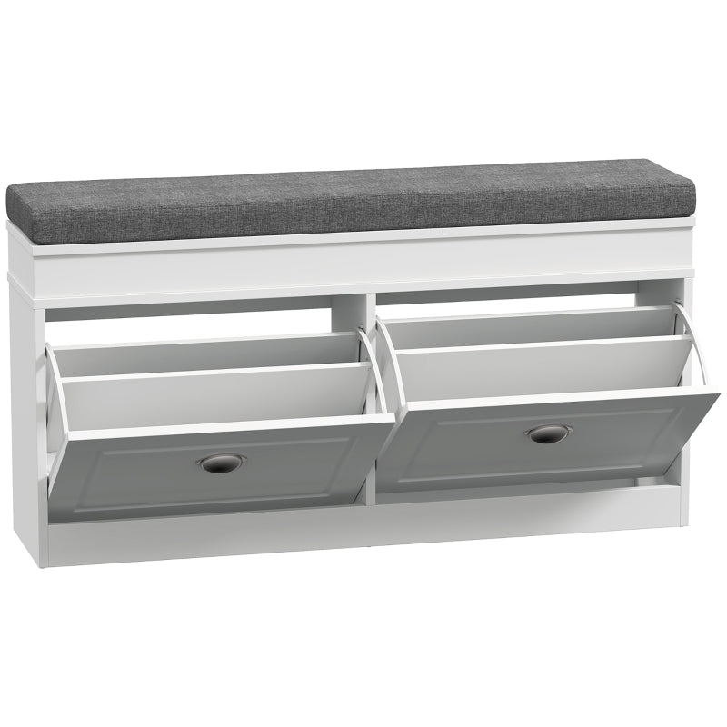 Shoe Storage Bench with Flip Drawers, Seat Cushion, Adjustable Shelf, White