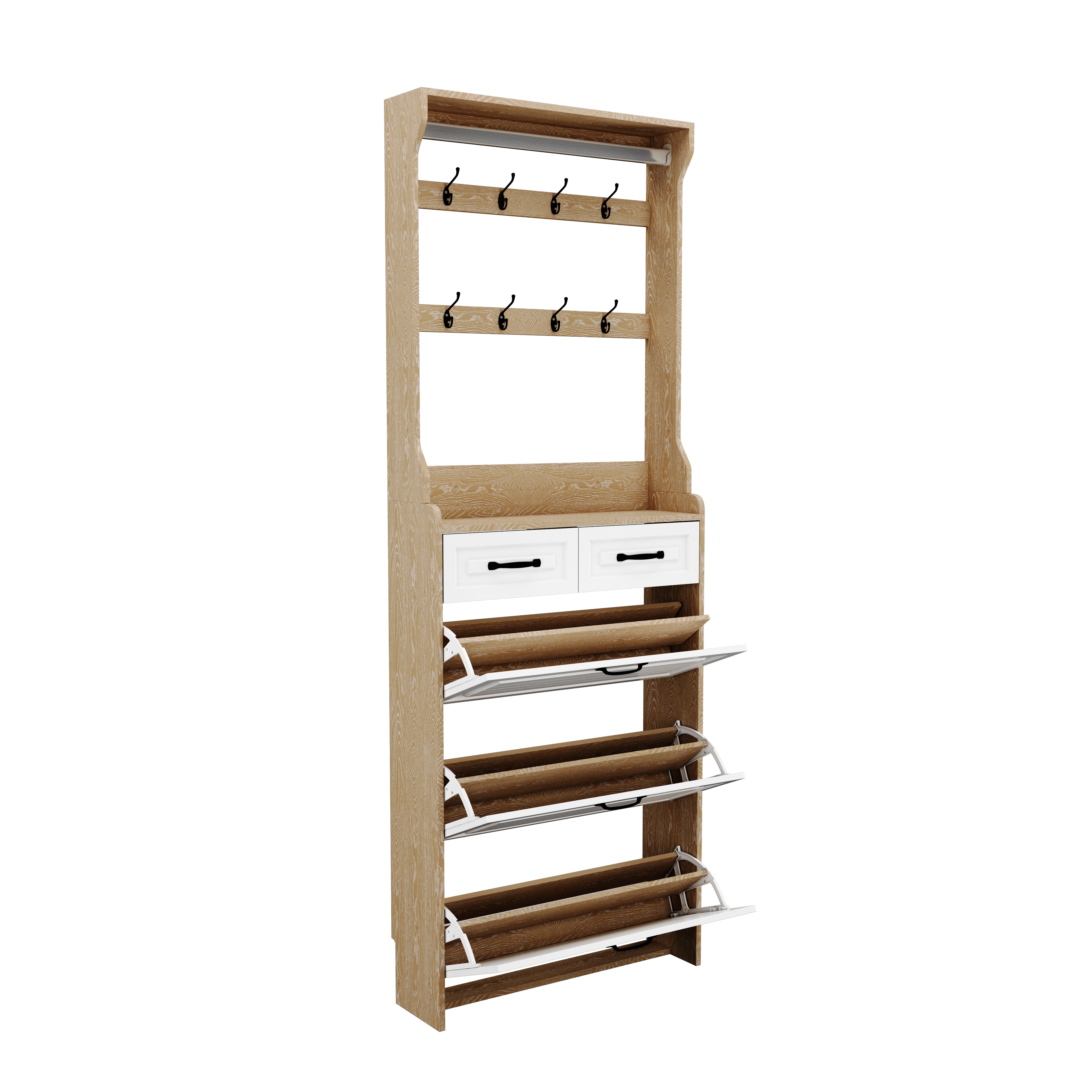 Shoe Cabinet with Hanging Rack, 3 Doors and 2 Drawers, White and Oak