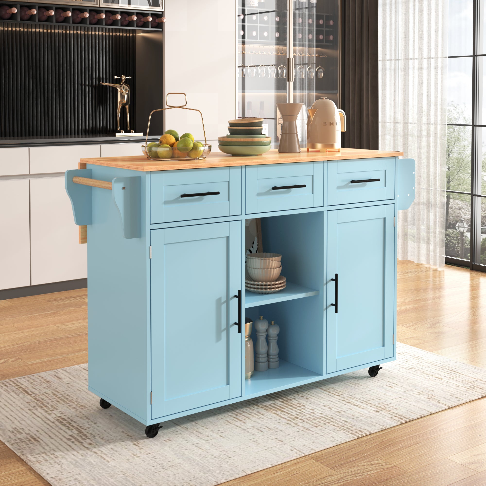 Dining Trolley Sideboard with Fold-Down Worktop and Casters, Blue and Solid Wood Grain