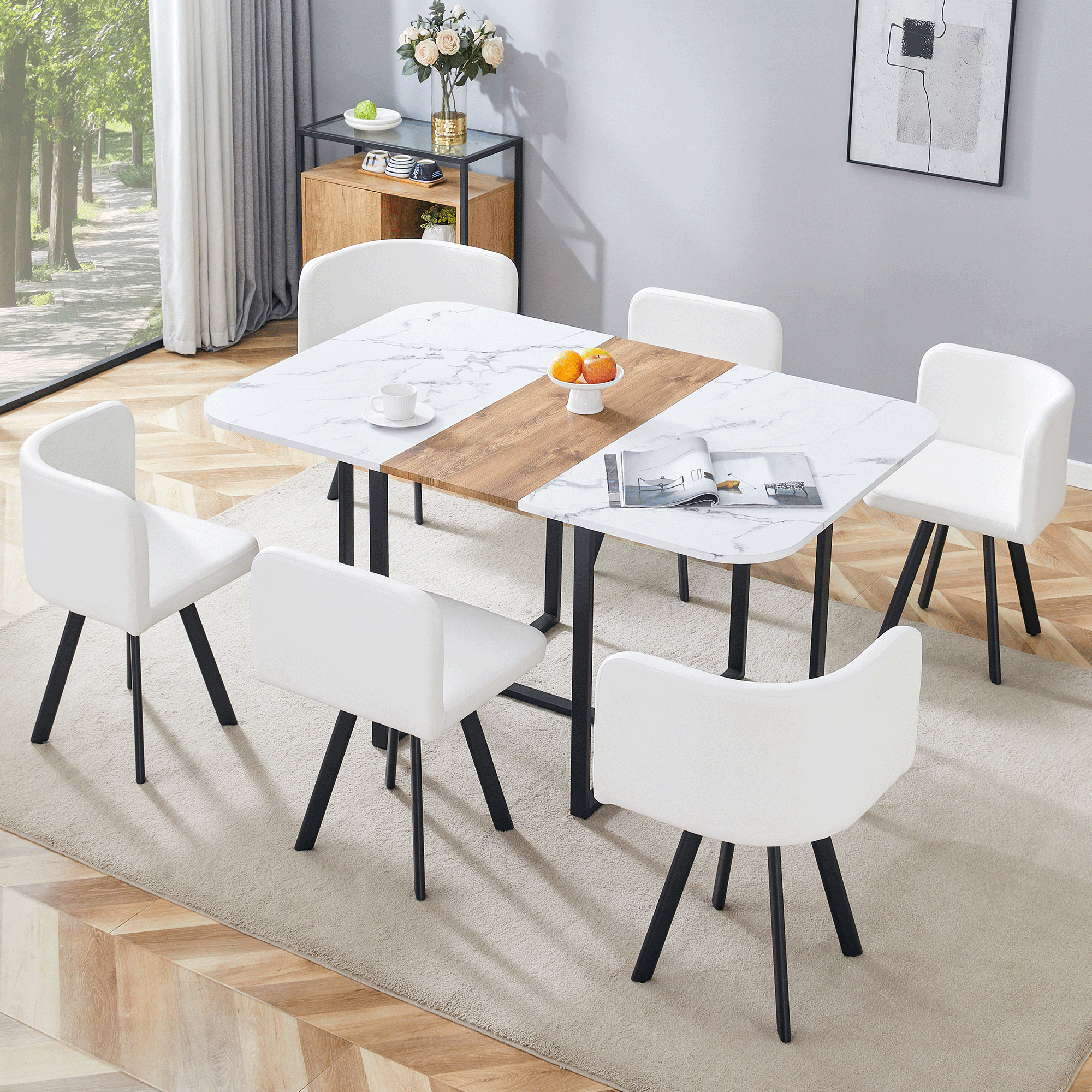 Dining Table Set Extendable Folding Table Chairs 4-6 Person White and Black