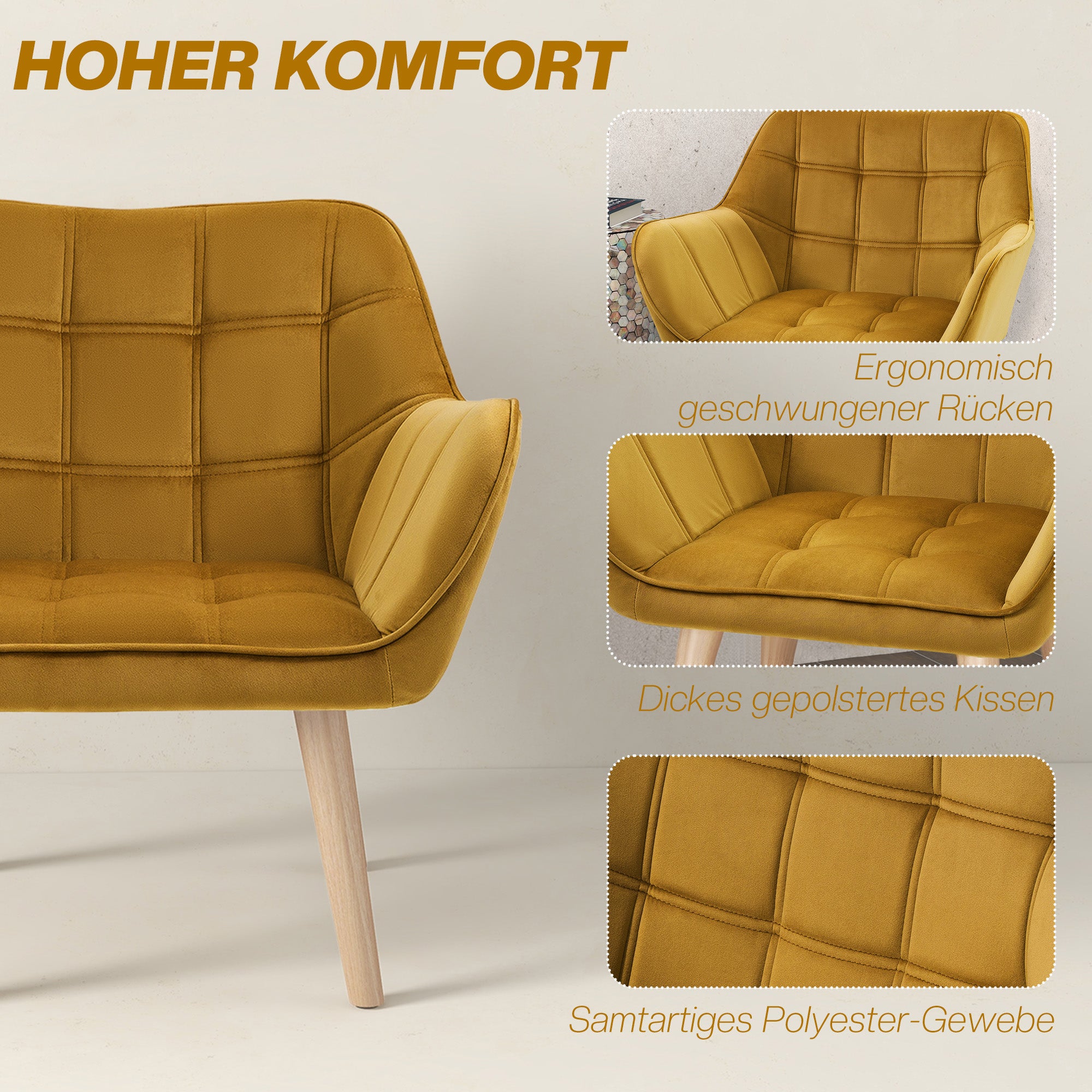 Wingback Recliner Chair, Scandinavian Style Raised Legs, Yellow Velvety Polyester