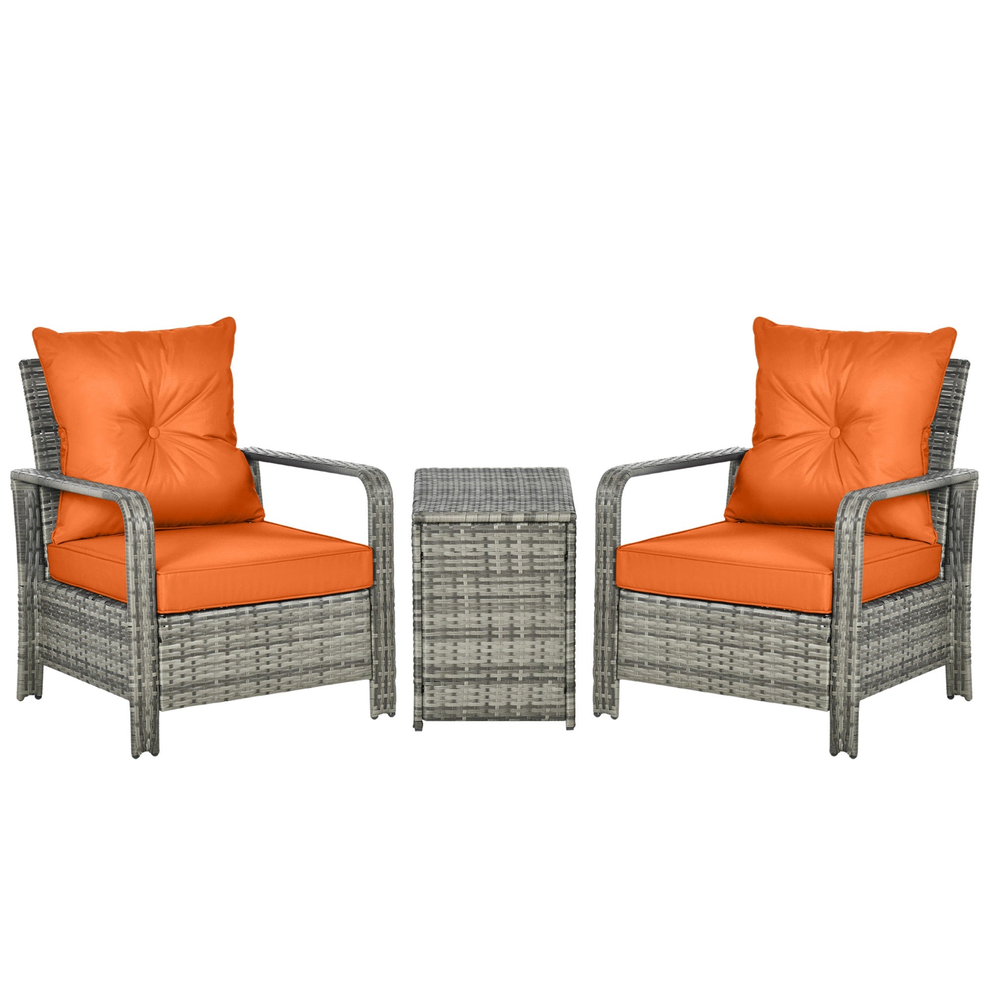 3 Pieces Rattan Bistro Set with Storage Coffee Table and Chairs, Orange
