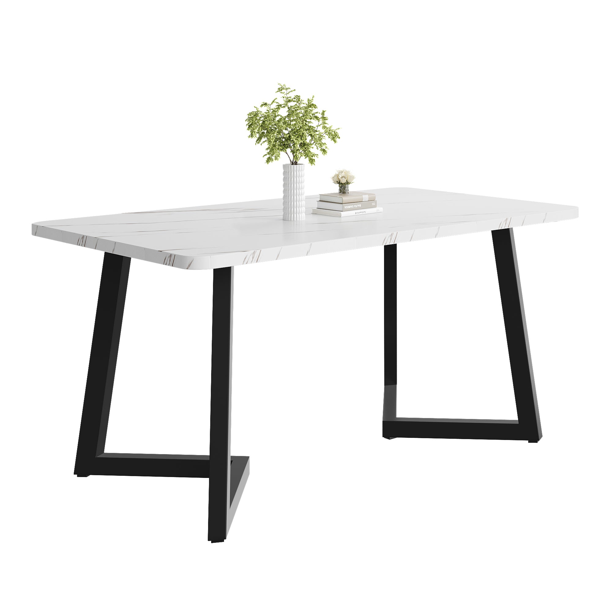 Dining Table 117x68cm Rectangular Marble Pattern Metal Frame Black/White
