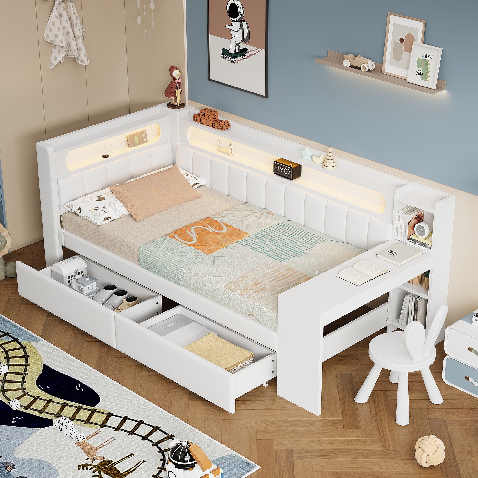 Upholstered Daybed 90x200 with Desk, LED Light, USB Port & 2 Drawers, White