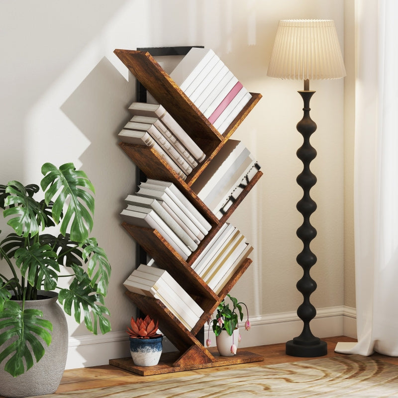 Tree Bookcase, Six-Section Storage Display, Wood-Effect
