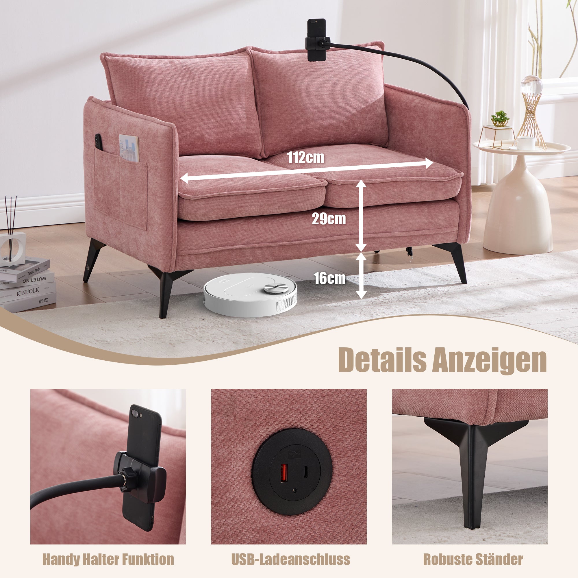 Modern Double Sofa with Storage & Adjustable Phone Holder, Fabric