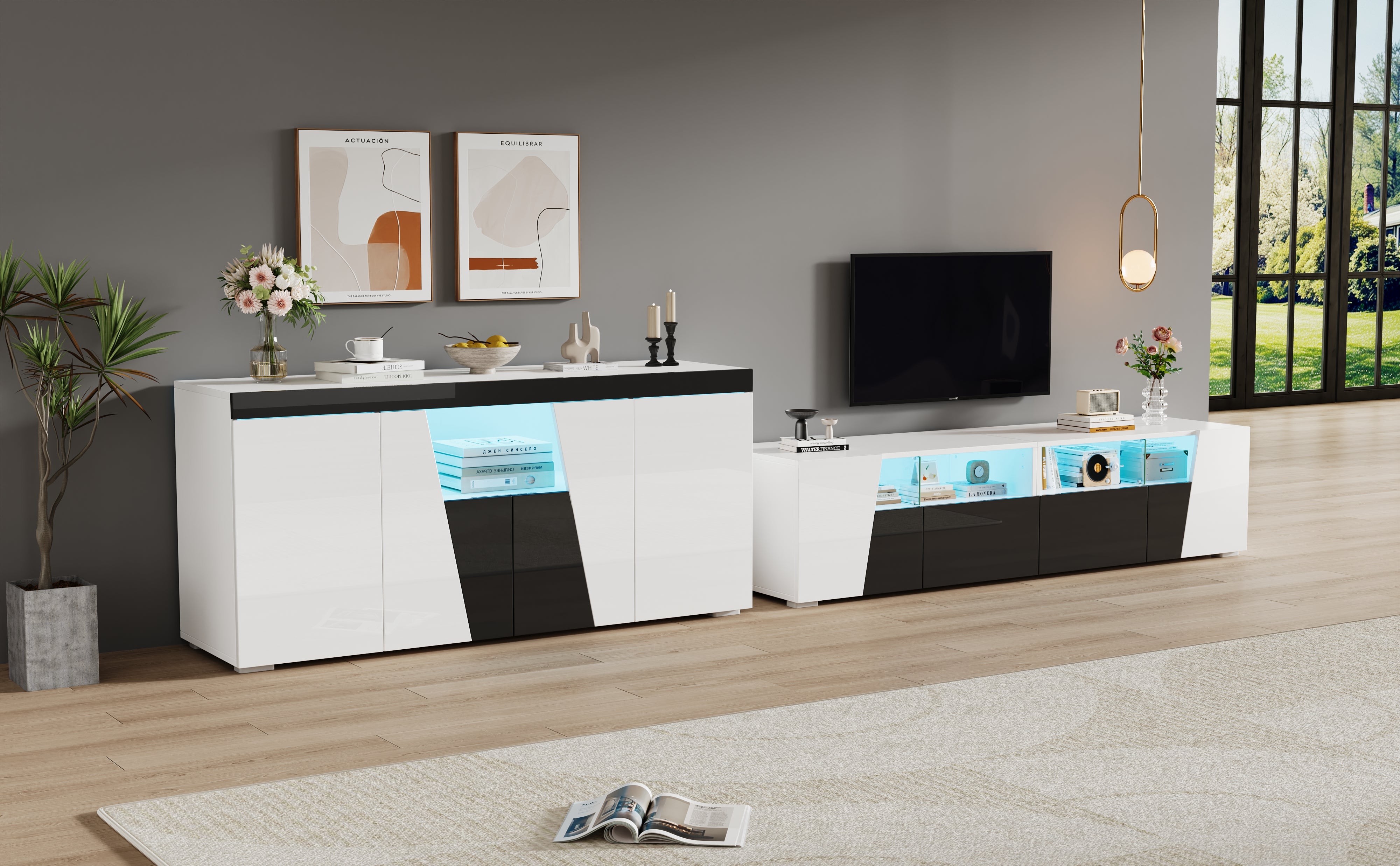 TV Cabinet and Sideboard Set High-Gloss LED Lowboard - Black and White