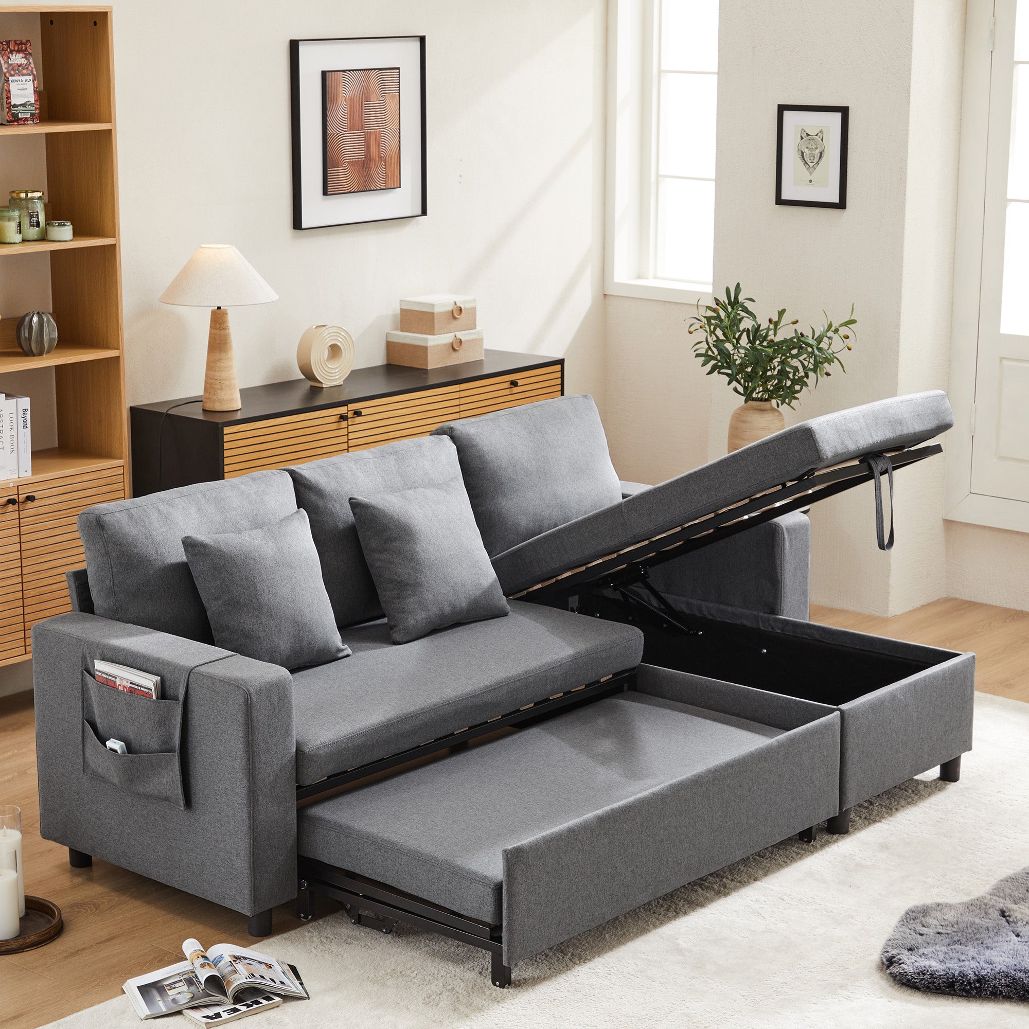 Sleeper Sofa L-Shaped Chaise Longue Storage Pocket Reversible