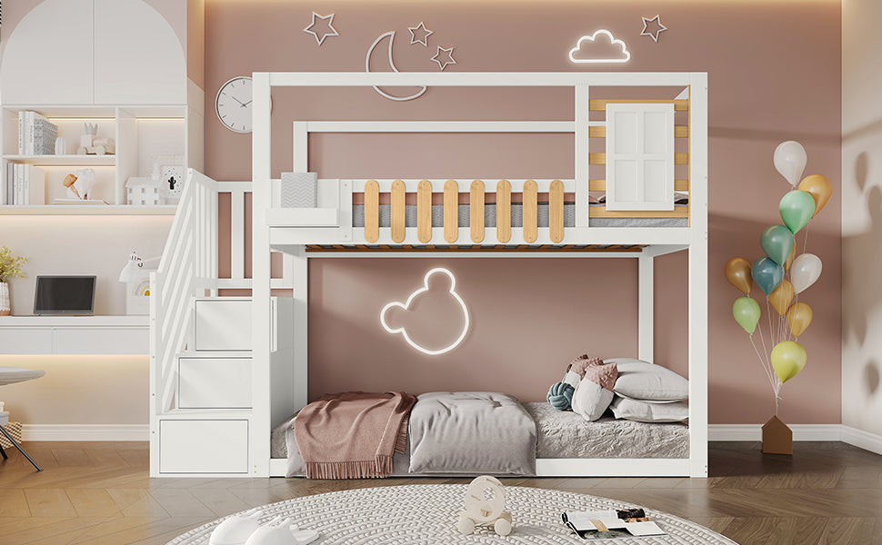 Bunk Bed with Stairs, Window & Shelf, Pine, White 90x200cm