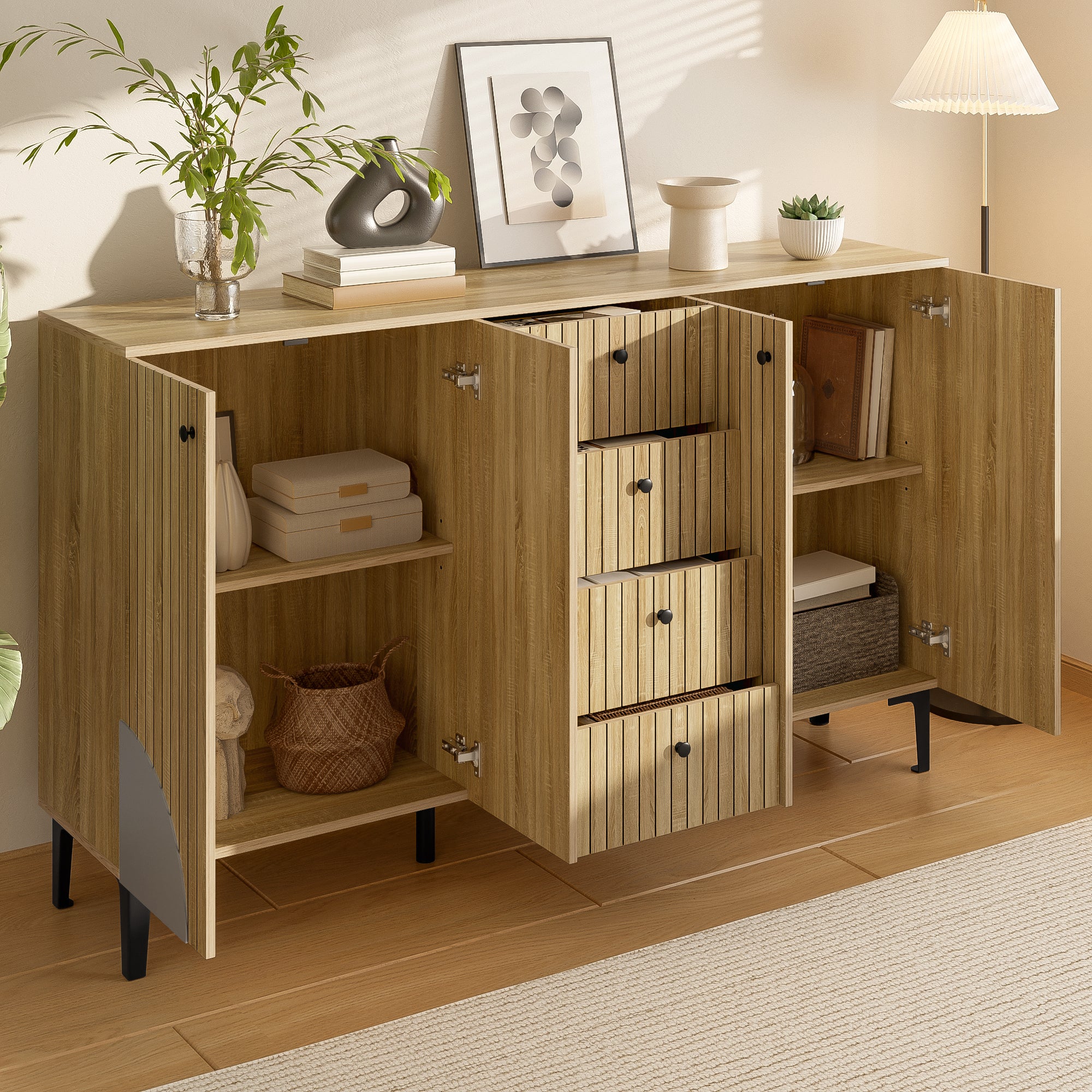 Modern Storage Cabinet, 4 Doors 4 Drawers Minimalist Design 160x36x94cm, Wood