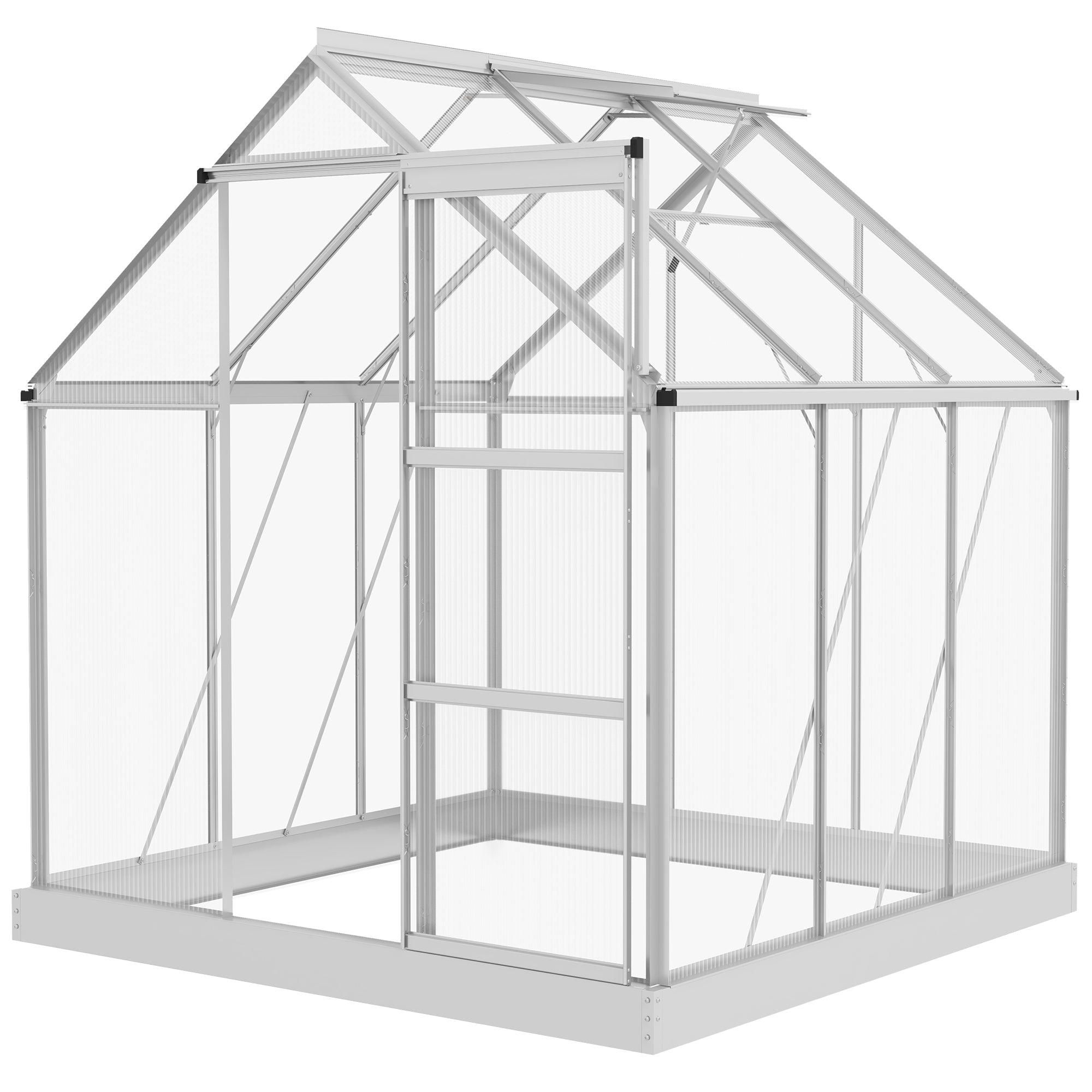 Walk-In Greenhouse 6x6ft with Sliding Door, Window, Foundation, Polycarbonate Aluminium, Silver