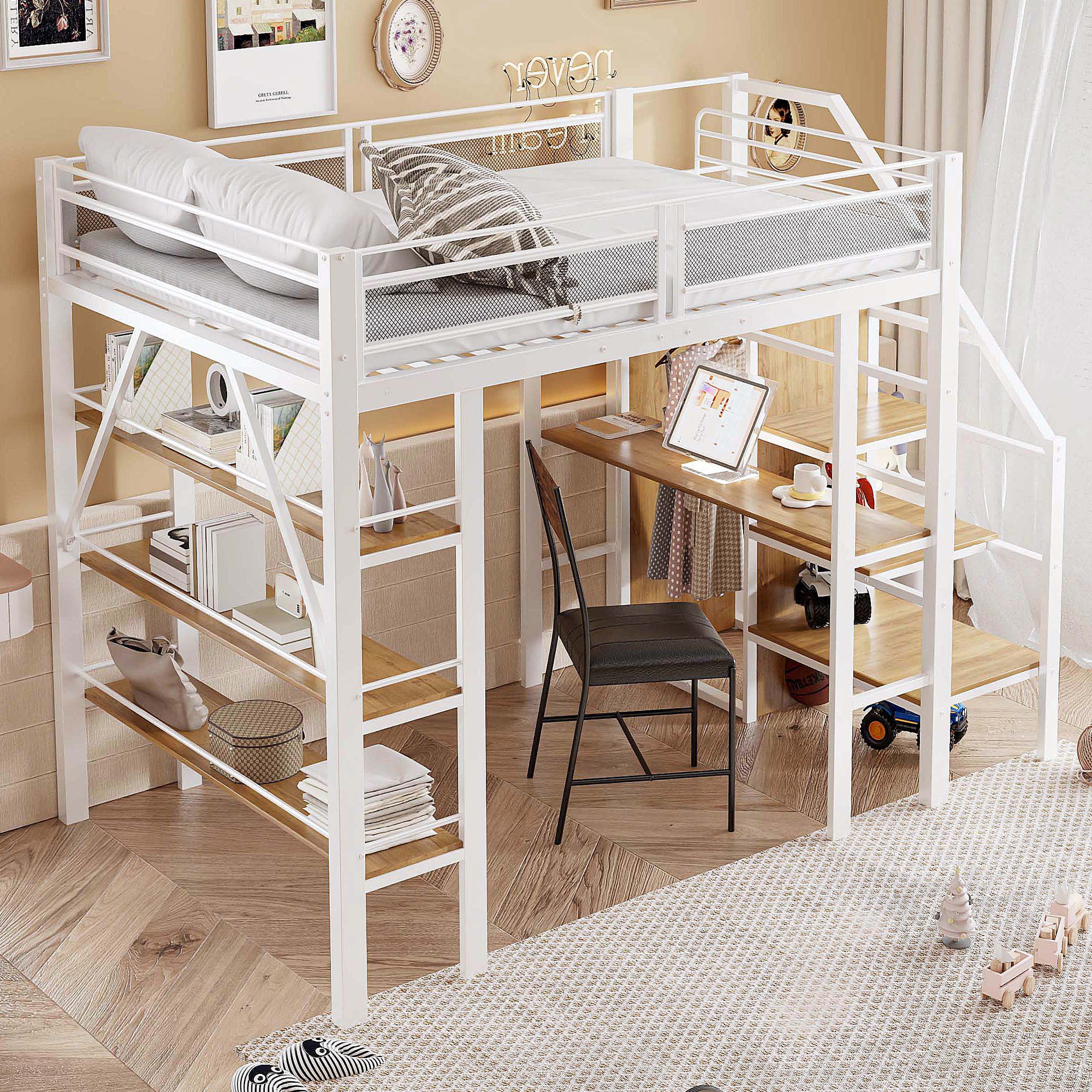 Loft Bed, 140x200cm with Storage Shelf, Desk, Wardrobe, Safety Steps, Iron, White