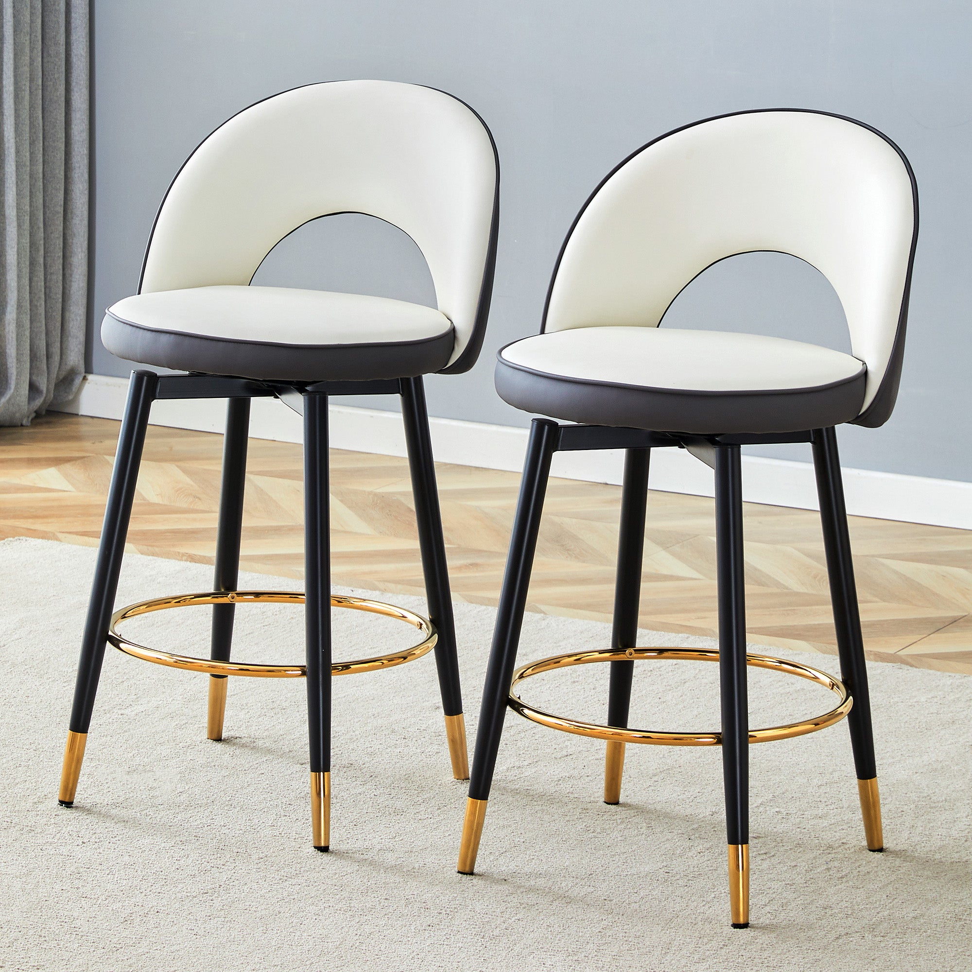 360° Swivel Bar Stool Set of 2 with Padded Seat and Open Back, Dark Grey and White PU Leather