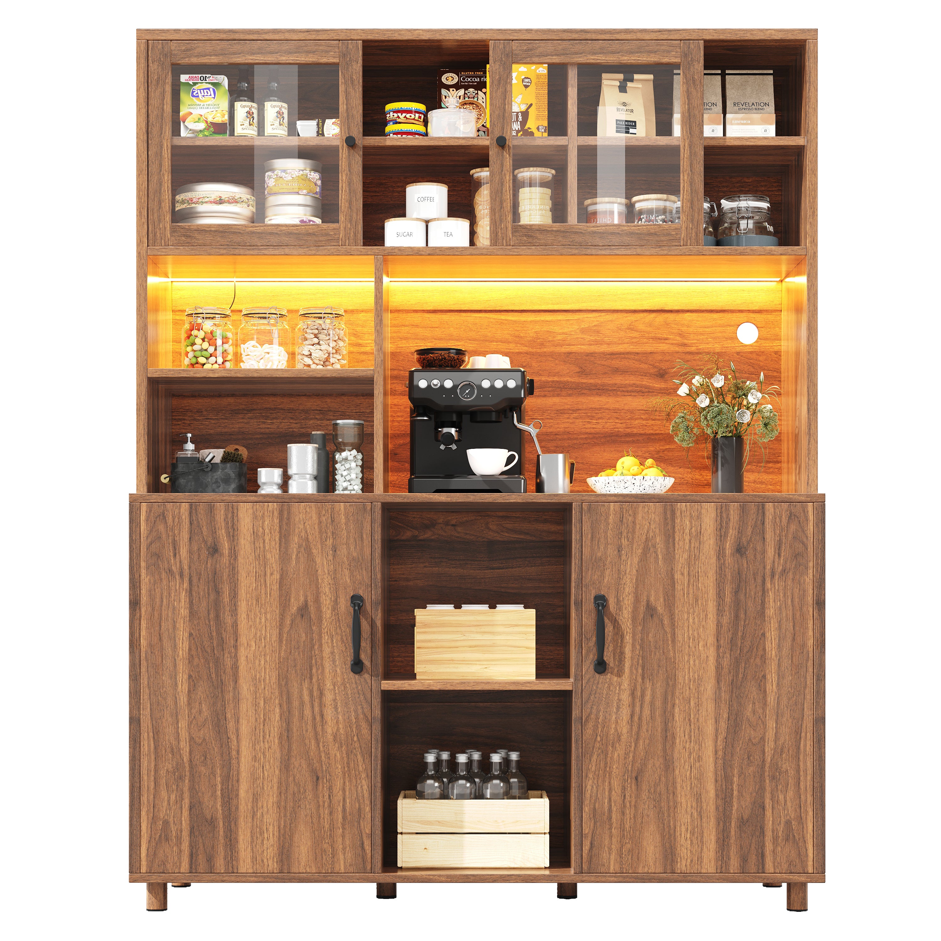 Tall Cabinet with LED Lighting, Snack Shelf, Retro - Walnut