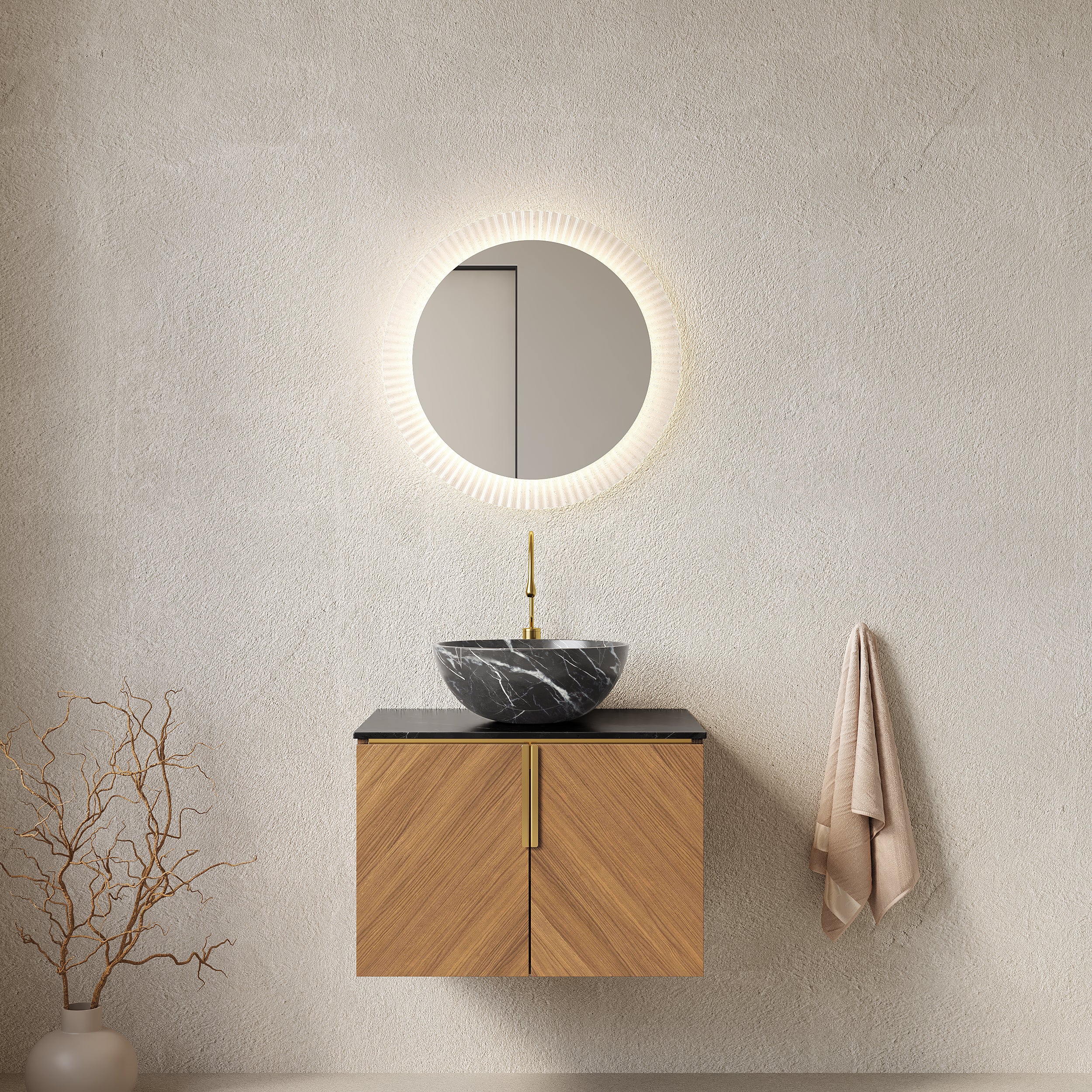 Wall-Mounted Bathroom Vanity Unit with Ceramic Bowl and Sintered Stone Countertop, Espresso Wood Grain