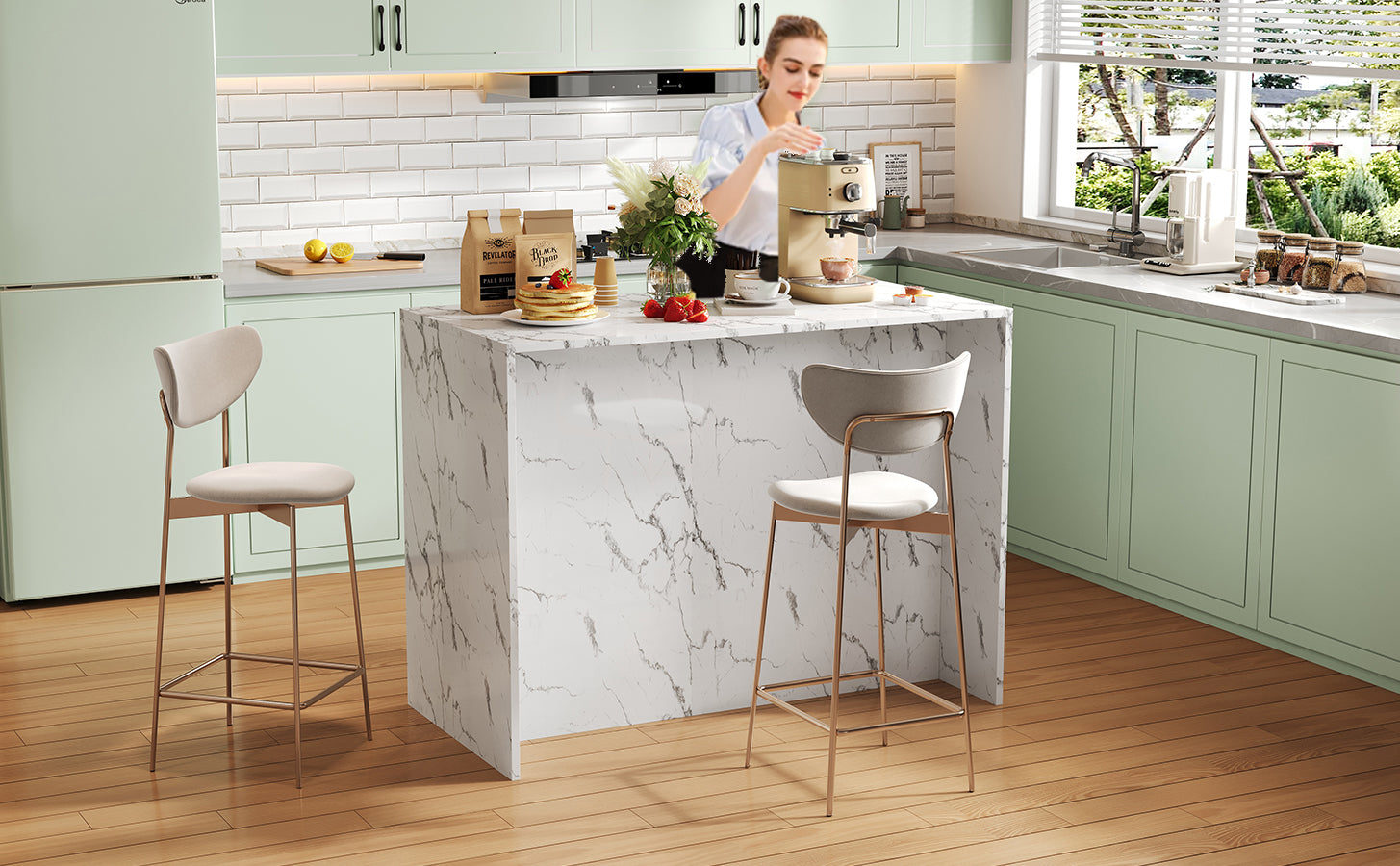 Large Kitchen Island 120x60cm 3 Drawers 3 Doors Adjustable Shelves - White Marble Design