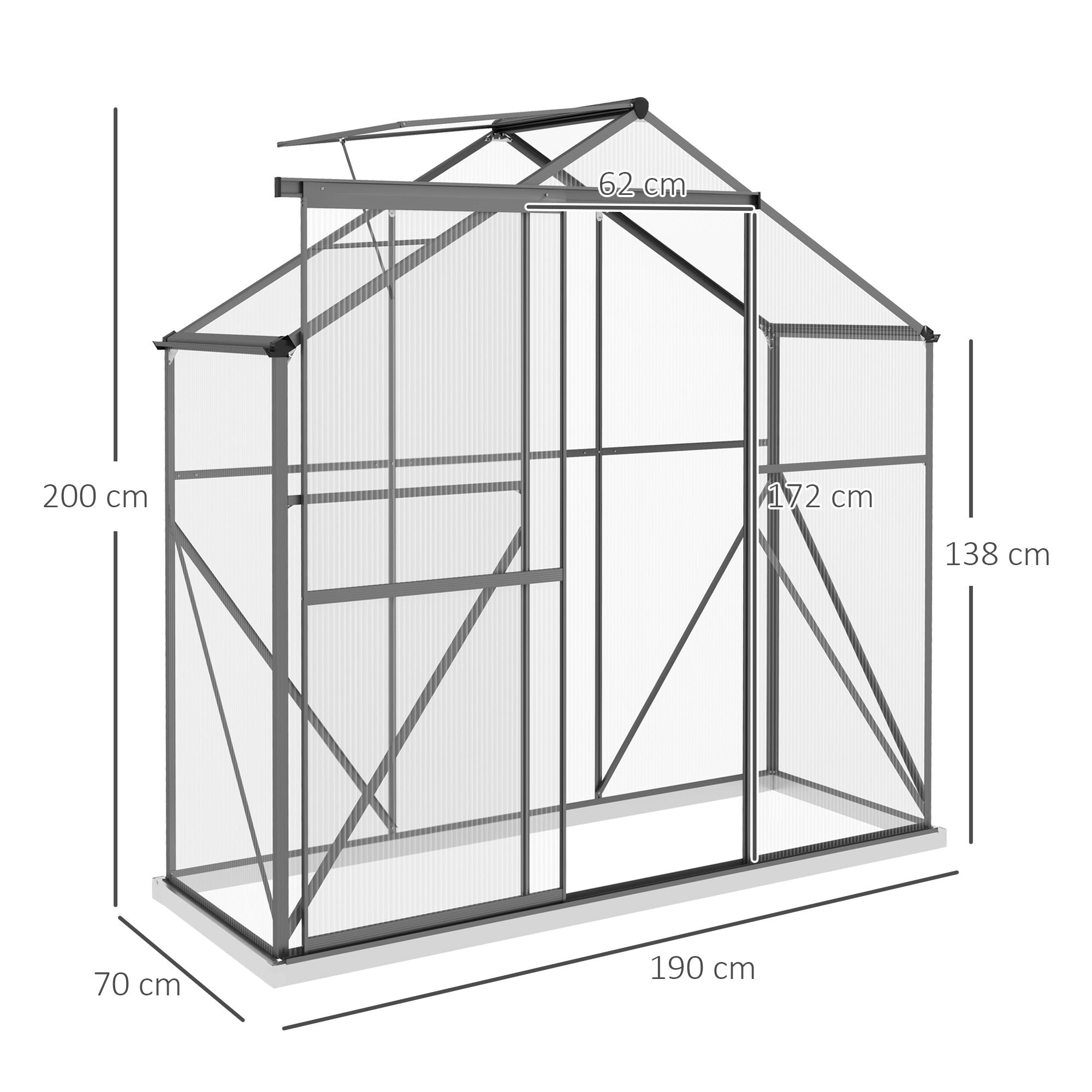 Polycarbonate Greenhouse Walk-In with Rain Gutter, Sliding Door, Window, Foundation, Dark Grey