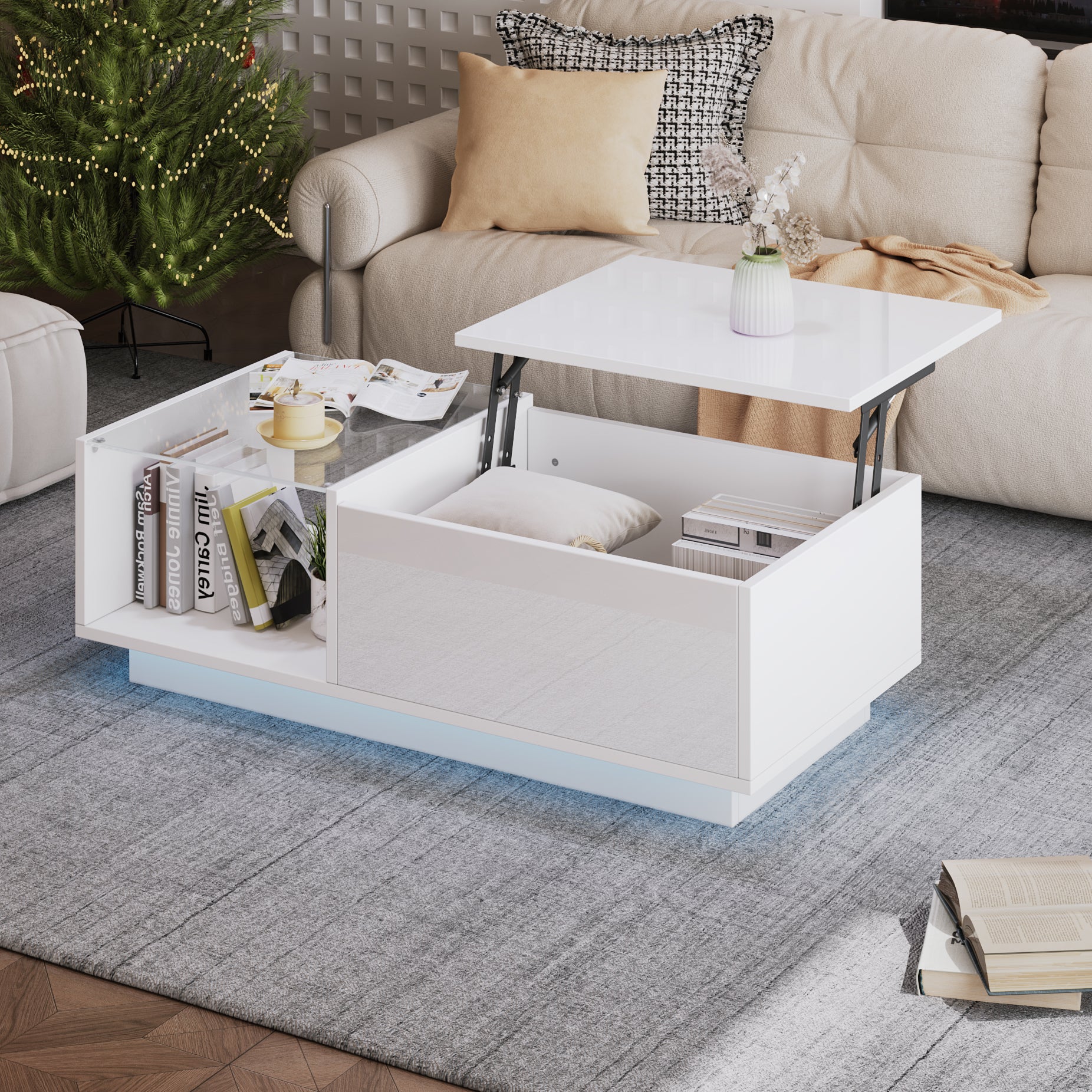 Lift Up Coffee Table Hidden Storage LED High Gloss, White MDF+Glass
