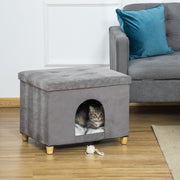 PawHut 2-in-1 Cat Cave Footstool with Cushion, Cat House, Cat Basket, Plush Grey