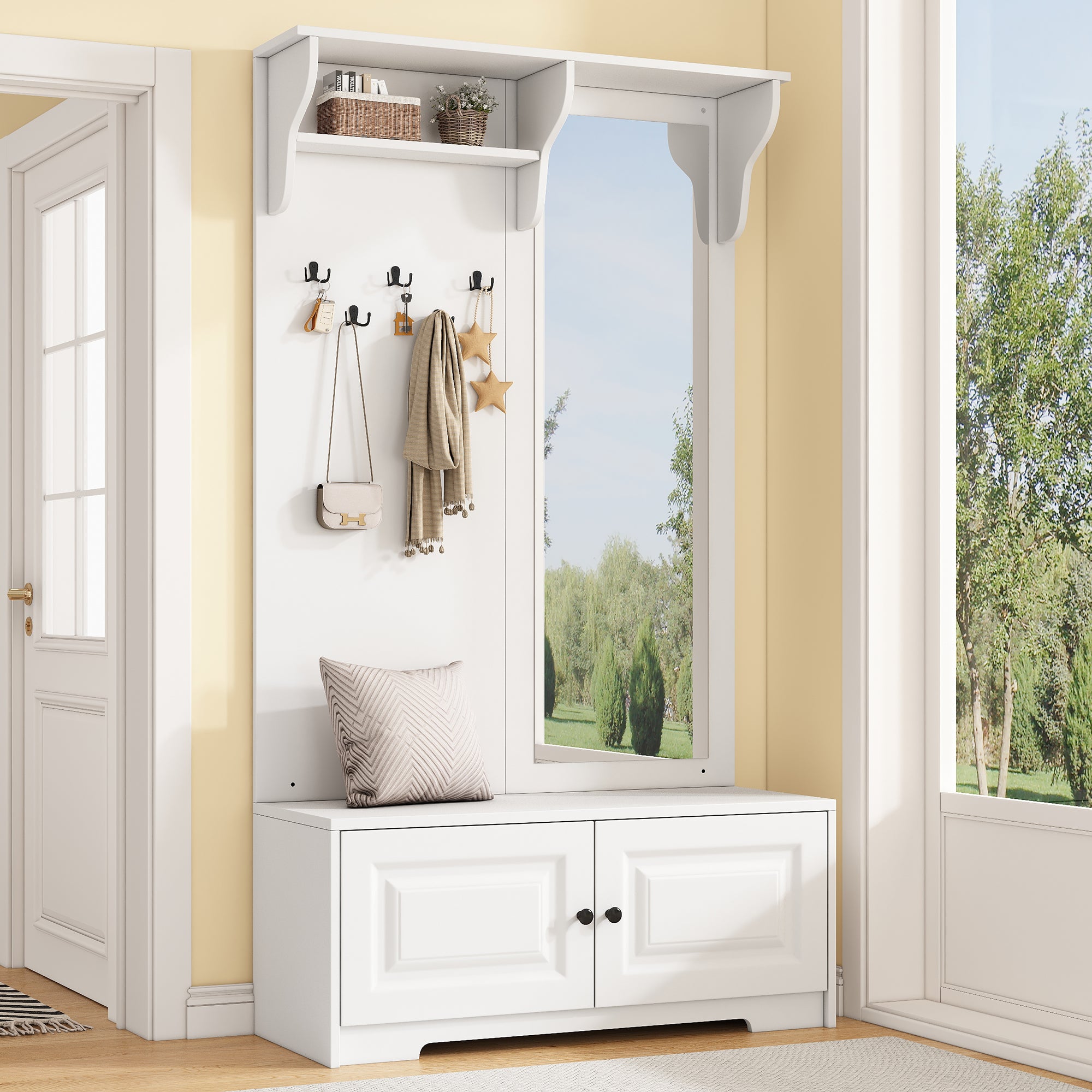 Wardrobe with Mirror, 5 Hooks, 2 Cabinets, White