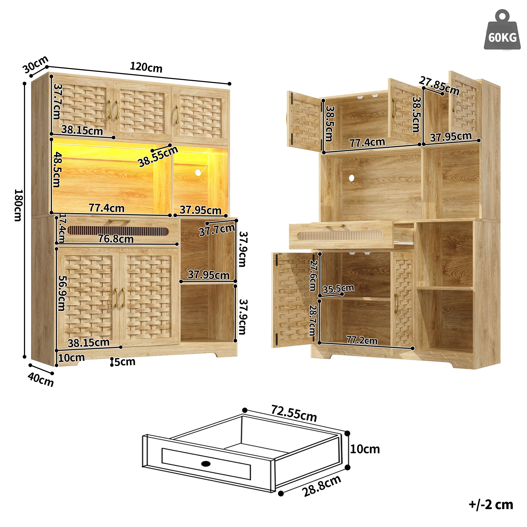 Tall Display Cabinet 120x40x180cm with LED Drawers Woven Doors - MDF