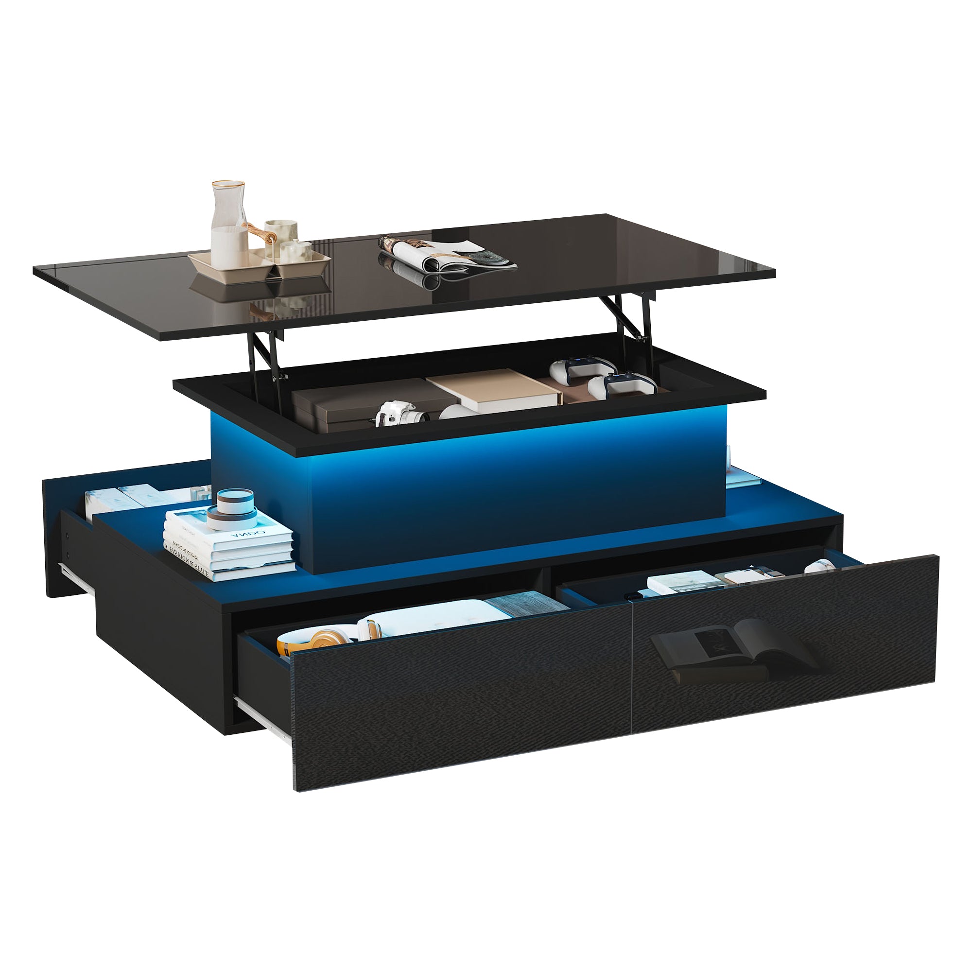 Coffee Table, LED Lit with 4 Drawers, Black High-Gloss