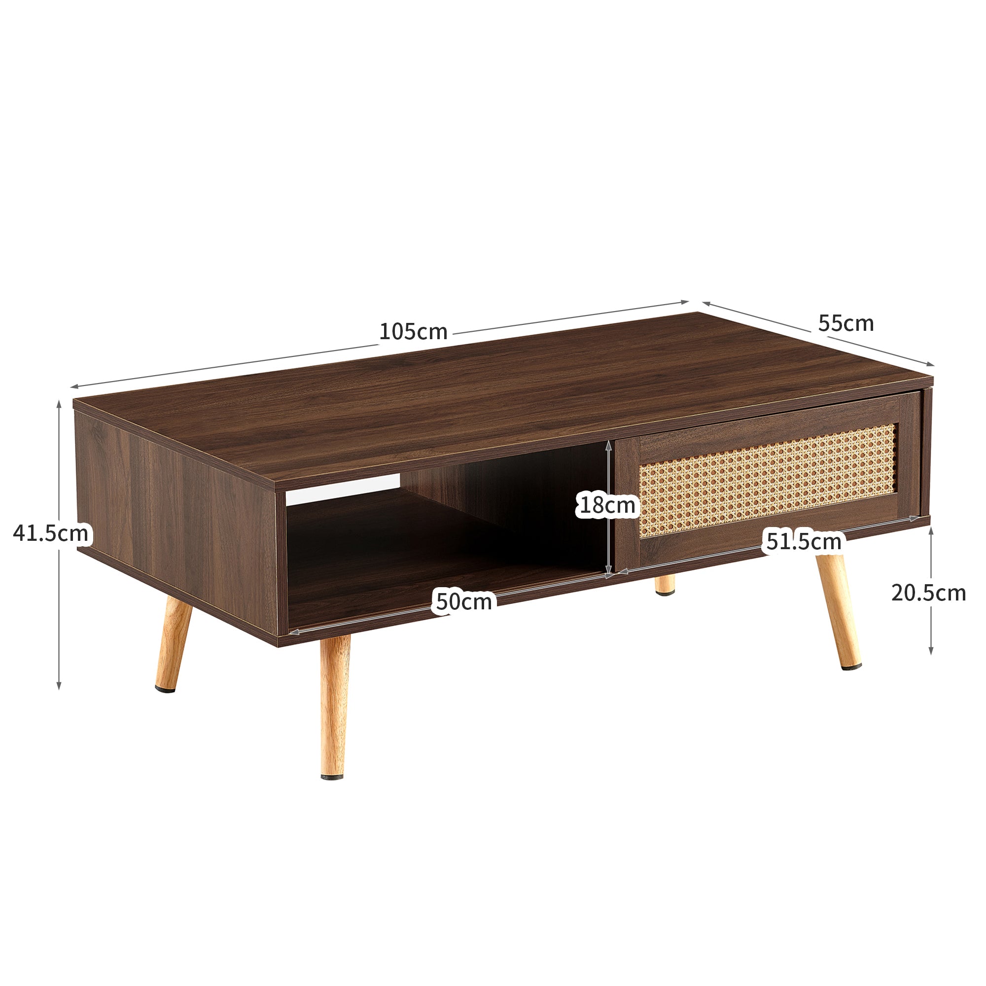 Wicker Coffee Table Sliding Doors Solid Wood Legs Dark Walnut Wood