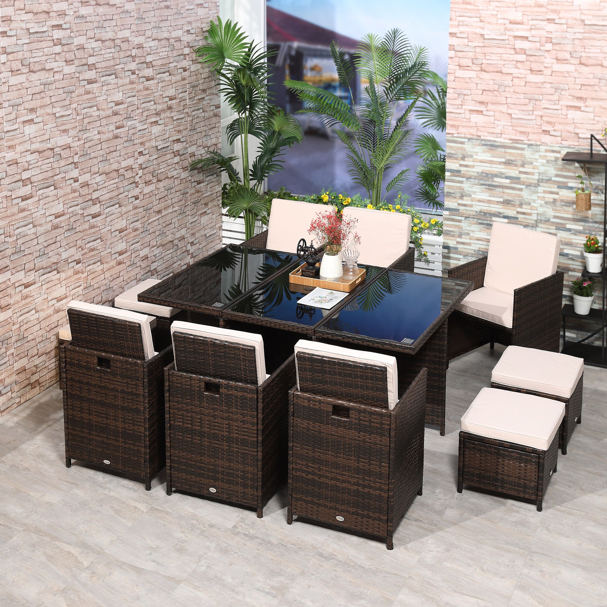10 Seater Rattan Cube Garden Dining Set w/ Parasol Hole & Cushions, Glass Top, Mixed Brown