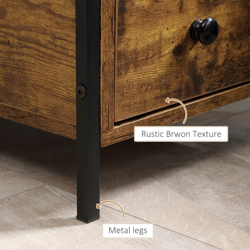 Side Table with 2 Drawers and Storage Shelf, Industrial Metal Frame, Rustic Brown