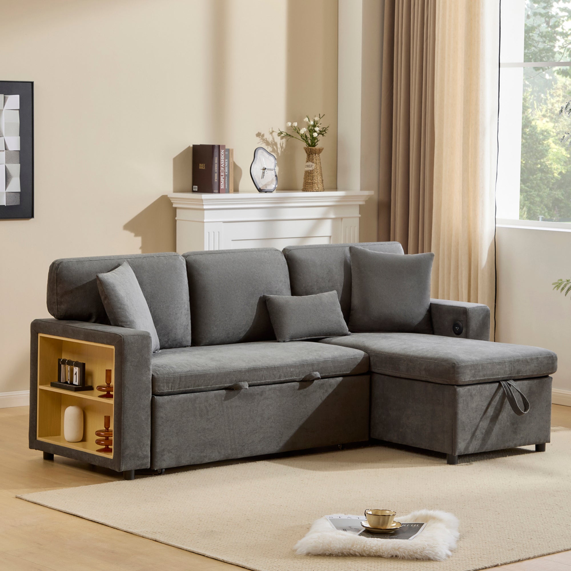 Corner Sofa Bed L-Shaped Extendable with Storage, Dark Grey