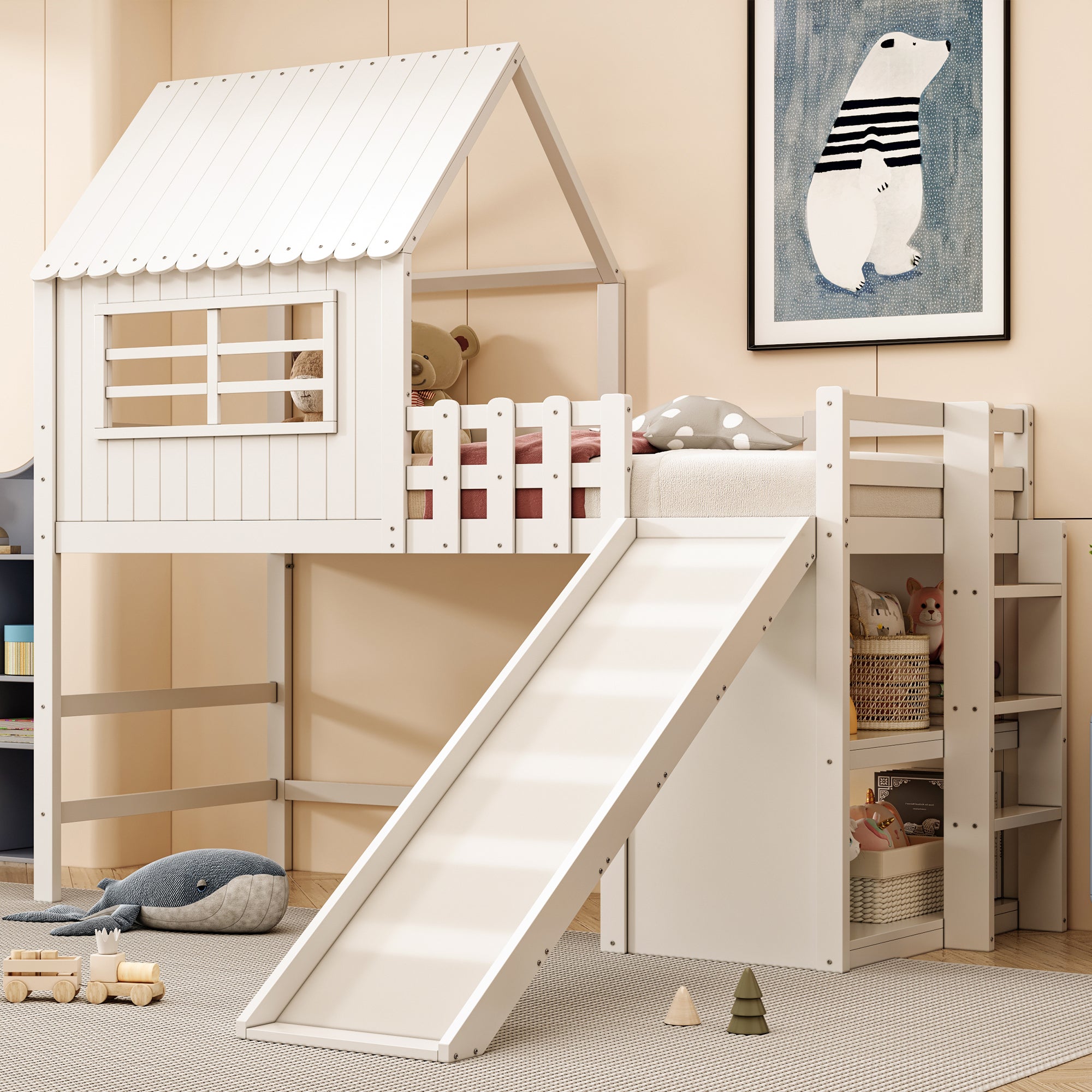 Children's Bed 90x200cm, Attic Design with Ladder, Slide & Storage, Solid Wood, White