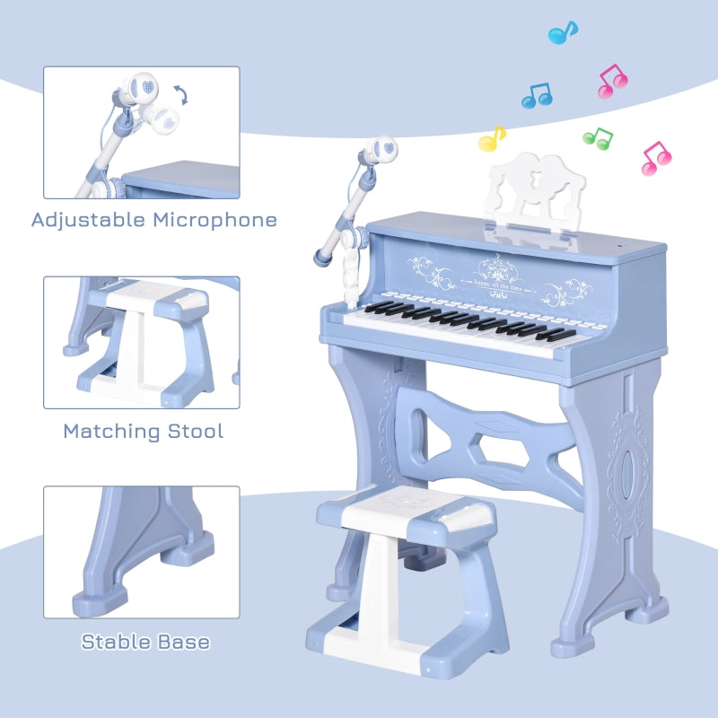 Kids Piano Mini Electronic Keyboard Grand Piano Toy Set with Stool & Microphone - Blue