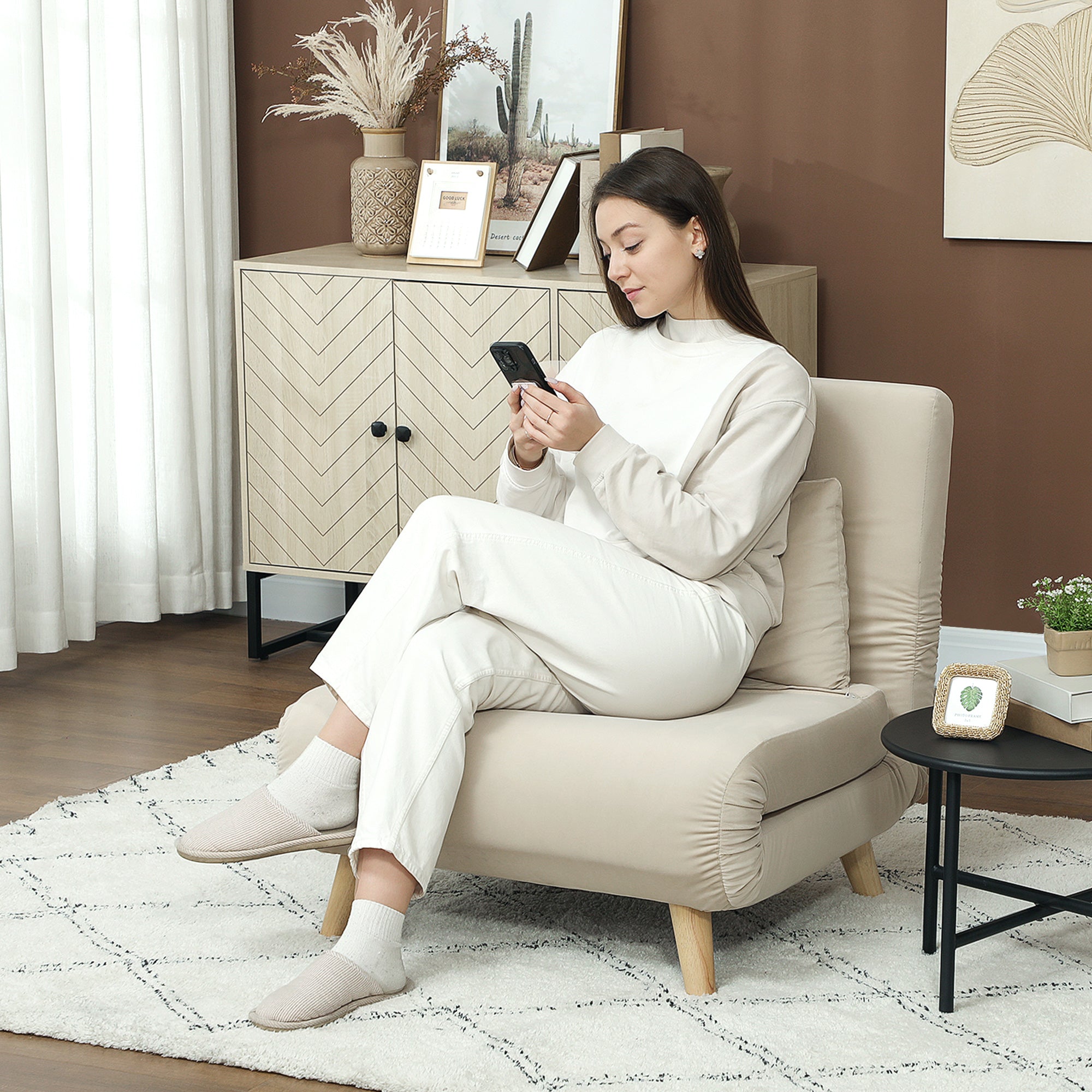 Folding Recliner Chair, Bed Function Adjustable Backrest, Velvet Look Beige