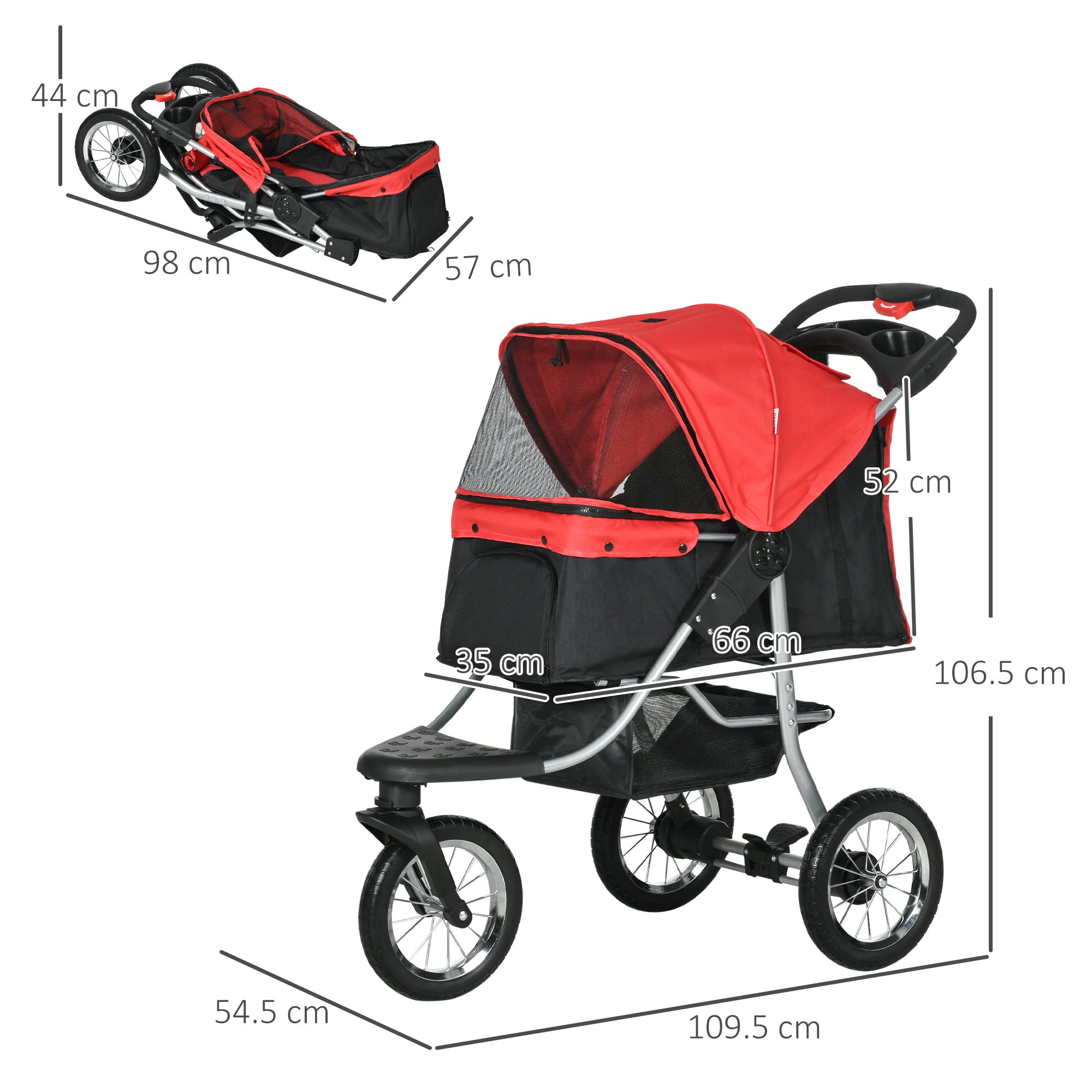 Dog & Cat Pet Stroller, Foldable 3 Wheels, Oxford Red Black